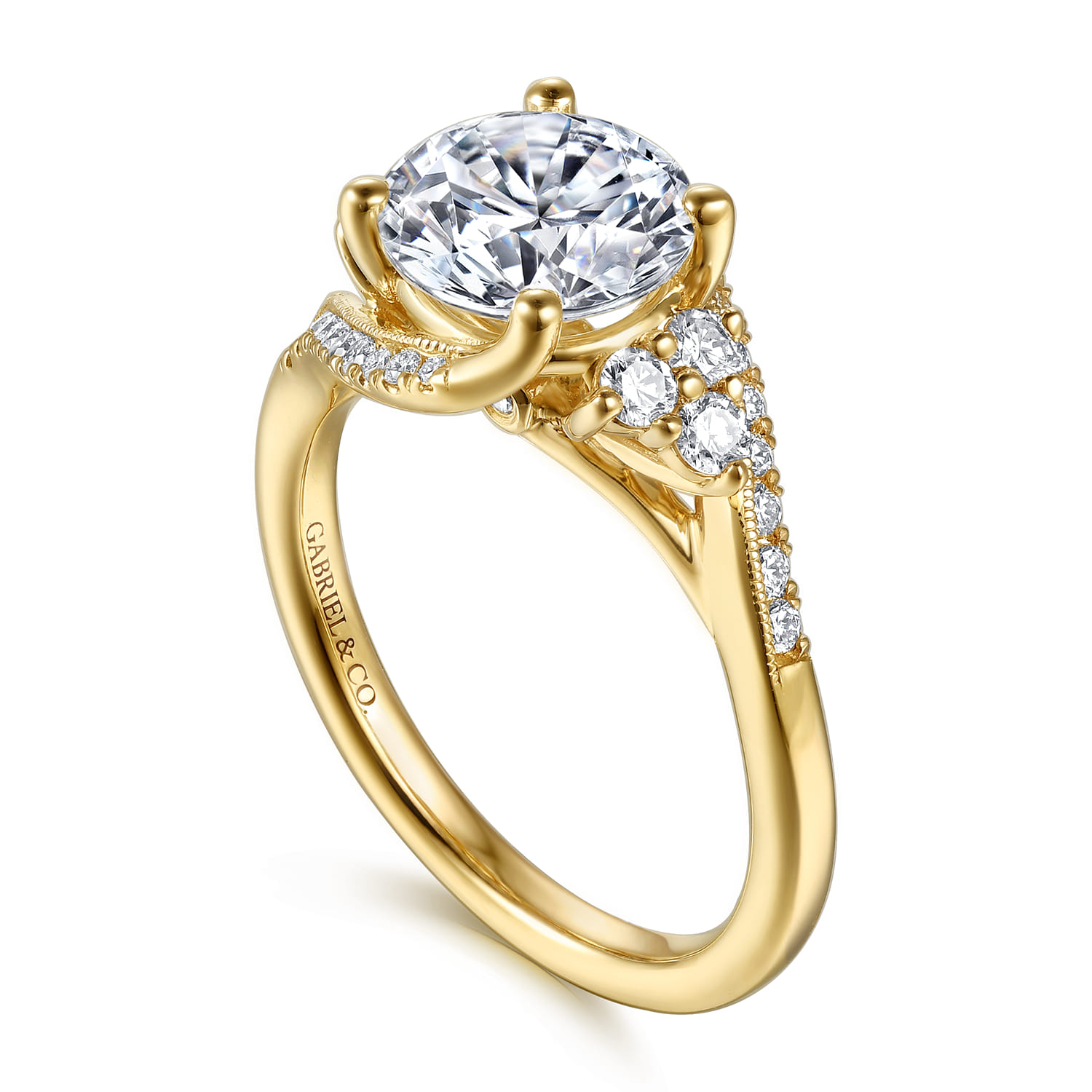 Round Vintage Inspired Bypass Diamond Engagement Ring in 14K Yellow Gold, photograph 3