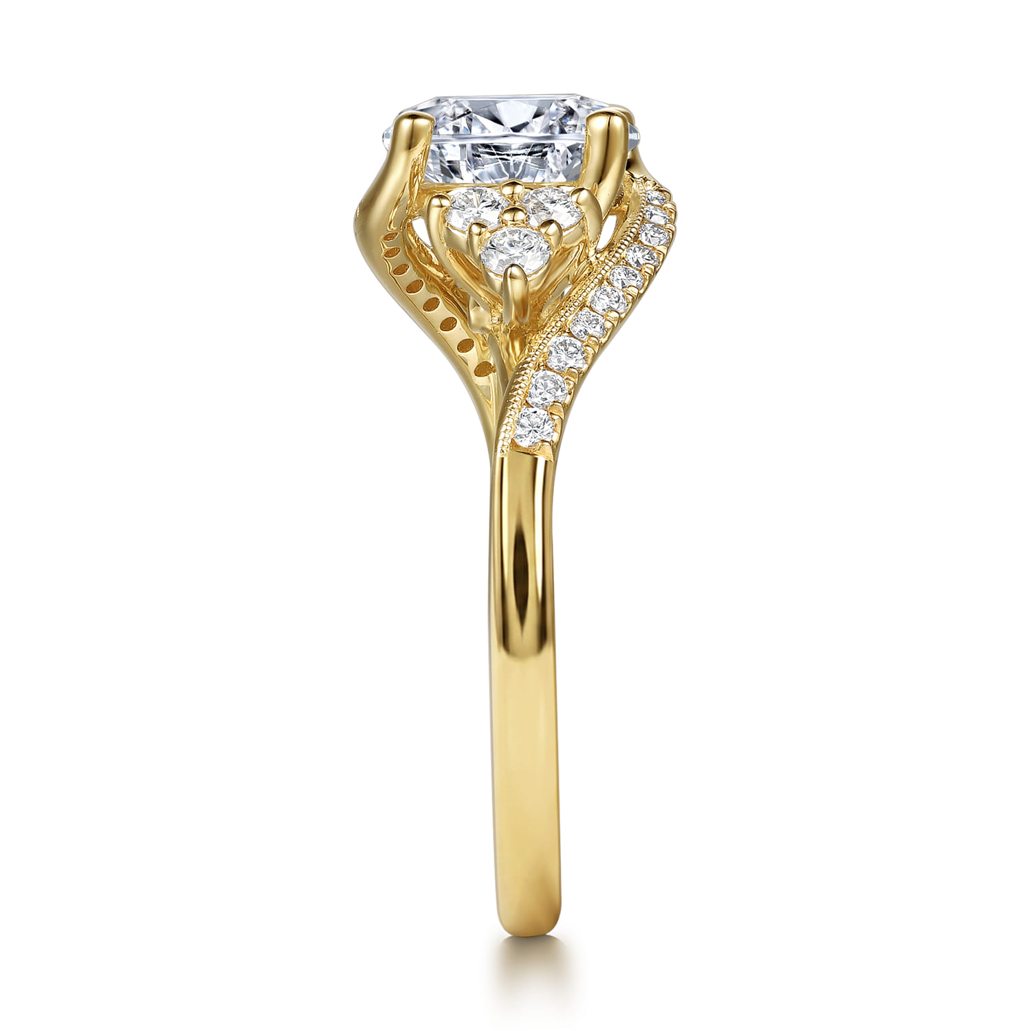 Round Vintage Inspired Bypass Diamond Engagement Ring in 14K Yellow Gold, photograph 5
