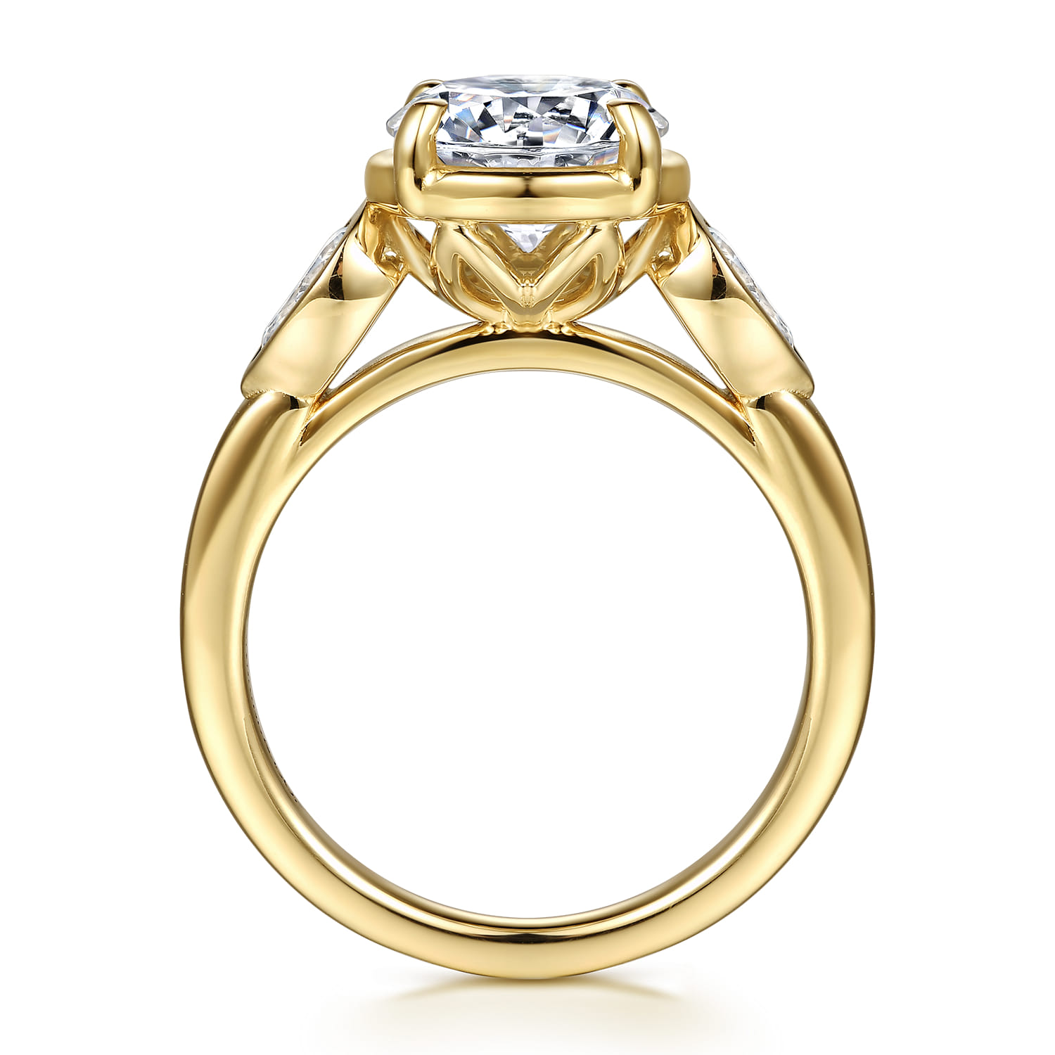 Round Three Stone Diamond Engagement Ring in 14K Yellow Gold, photograph 2