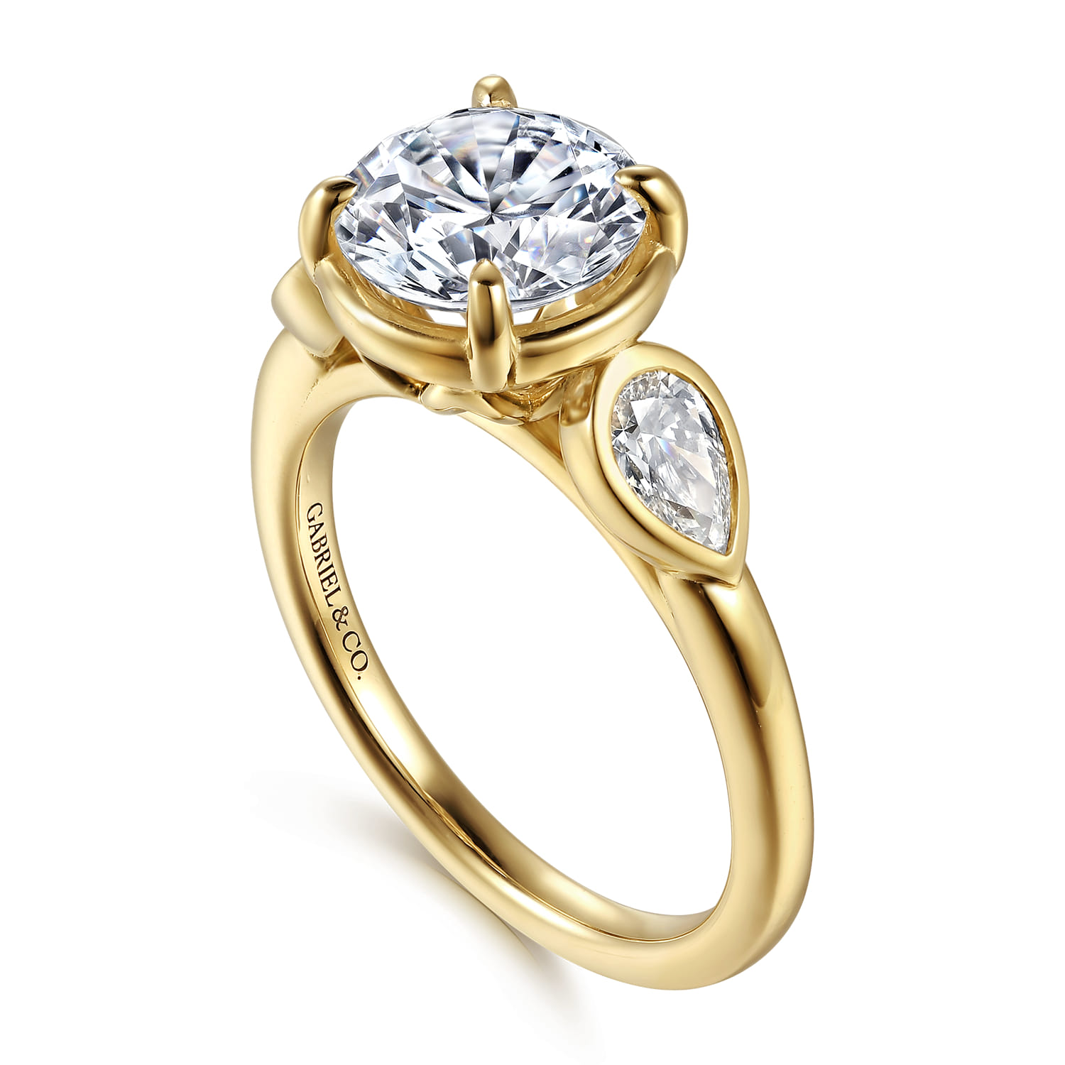 Round Three Stone Diamond Engagement Ring in 14K Yellow Gold, photograph 3
