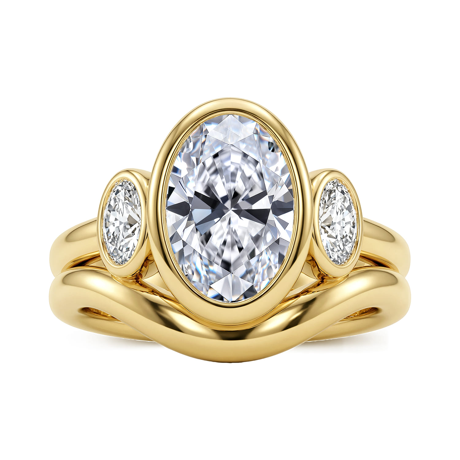 Oval Three Stone Diamond Engagement Ring in 14K Yellow Gold, photograph 4