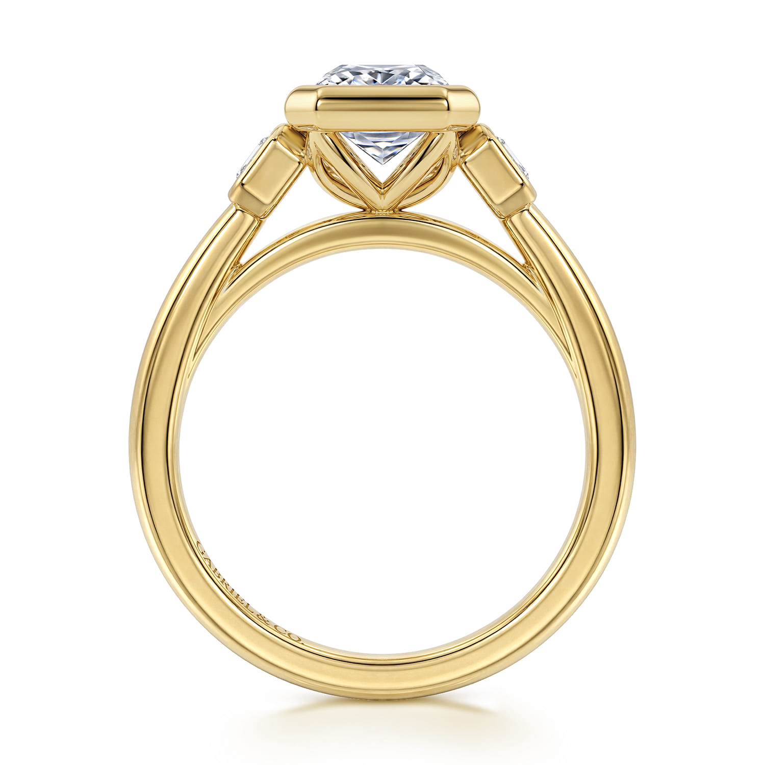 Radiant Three Stone Diamond Engagement Ring in 14K Yellow Gold, photograph 2