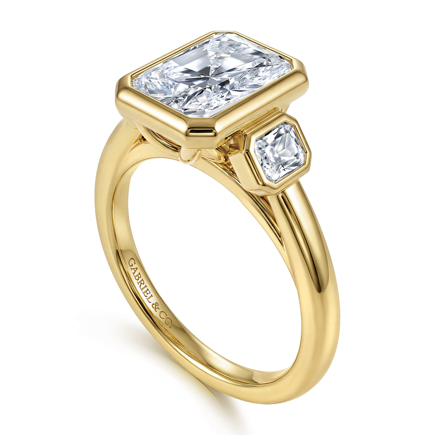 Radiant Three Stone Diamond Engagement Ring in 14K Yellow Gold, photograph 3
