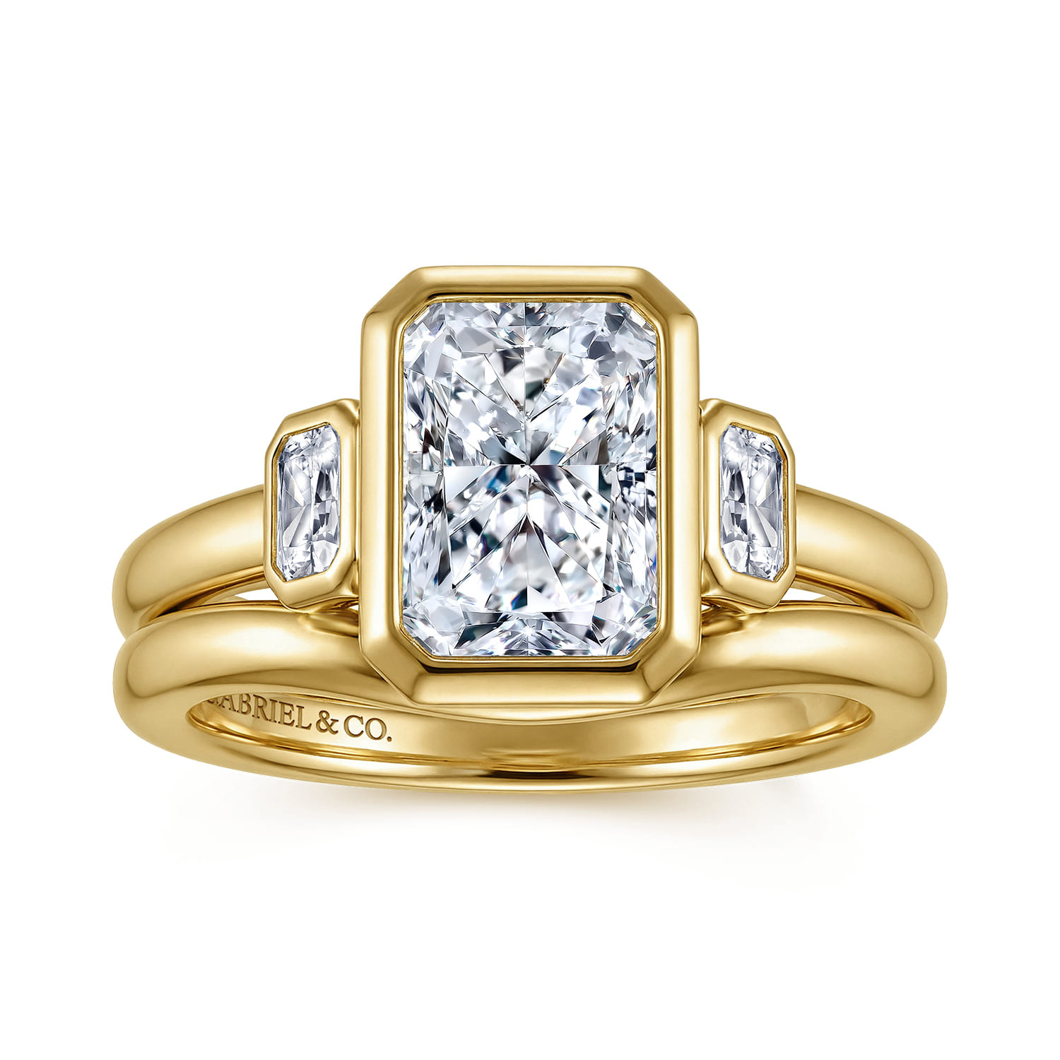 Radiant Three Stone Diamond Engagement Ring in 14K Yellow Gold, photograph 4