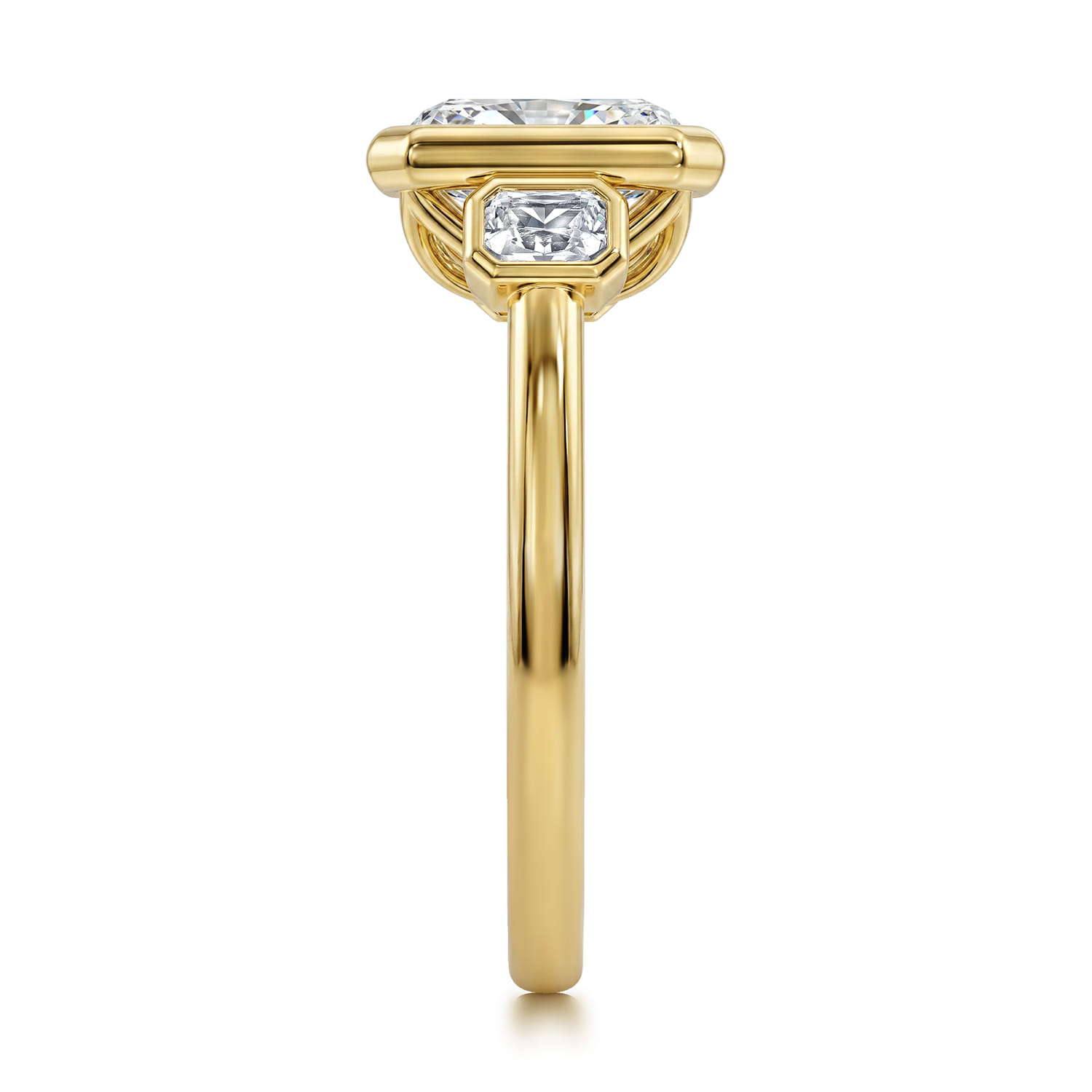 Radiant Three Stone Diamond Engagement Ring in 14K Yellow Gold, photograph 5