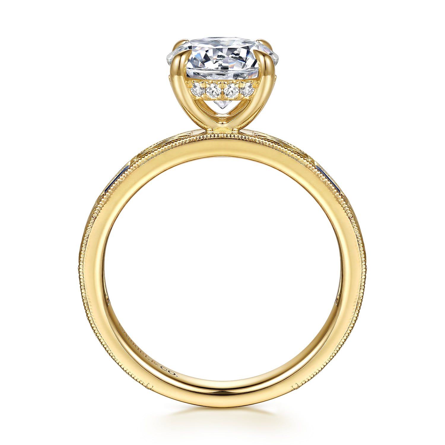 Vintage Inspired Round Sapphire and Diamond Engagement Ring in 14K Yellow Gold, photograph 2
