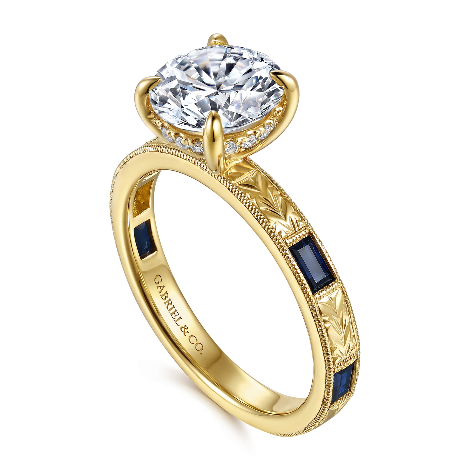 Vintage Inspired Round Sapphire and Diamond Engagement Ring in 14K Yellow Gold, photograph 3