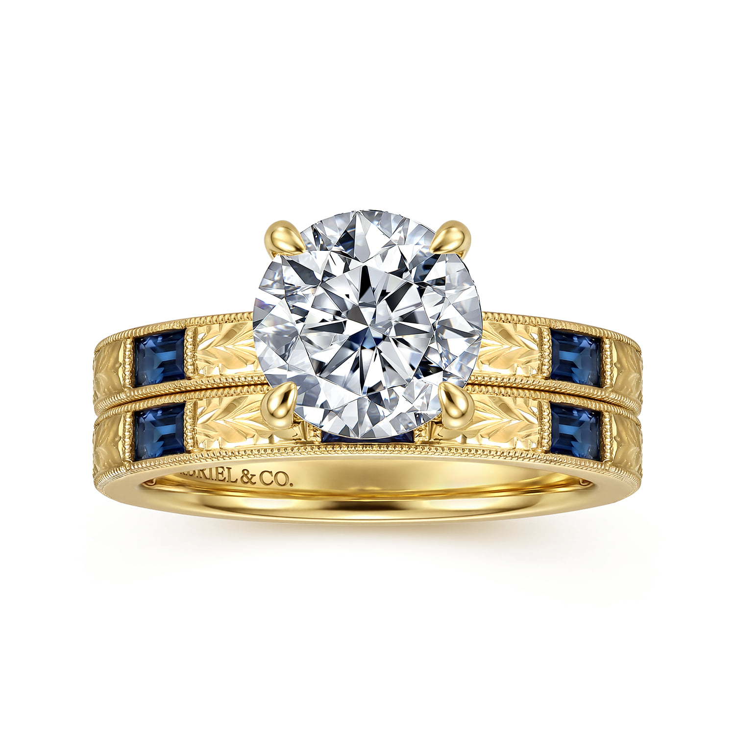 Vintage Inspired Round Sapphire and Diamond Engagement Ring in 14K Yellow Gold, photograph 4