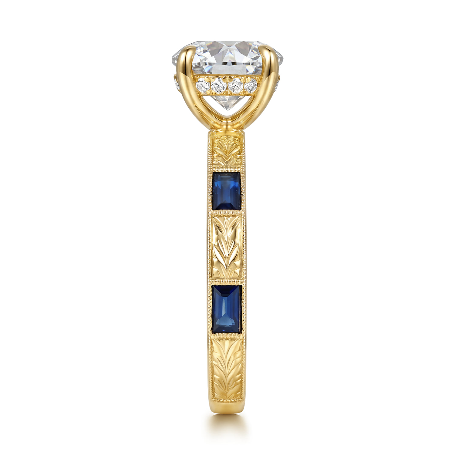 Vintage Inspired Round Sapphire and Diamond Engagement Ring in 14K Yellow Gold, photograph 5