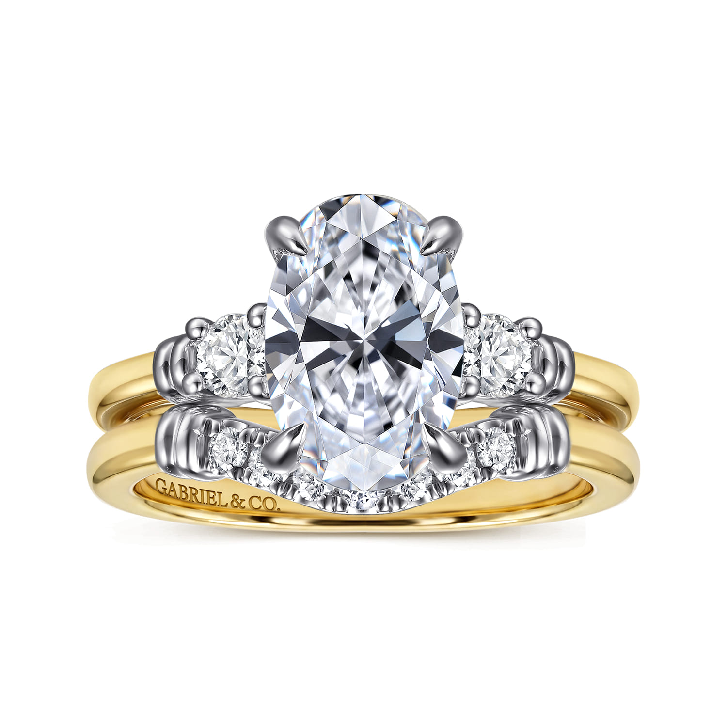 Oval Three Stone Diamond Engagement Ring in 14K White/Yellow Gold, photograph 4