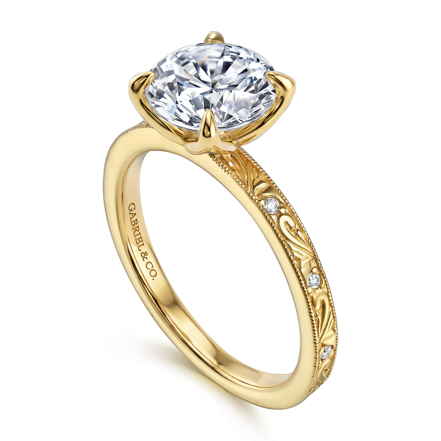 Round Vintage Inspired Diamond Engagement Ring in 14K Yellow Gold, photograph 3