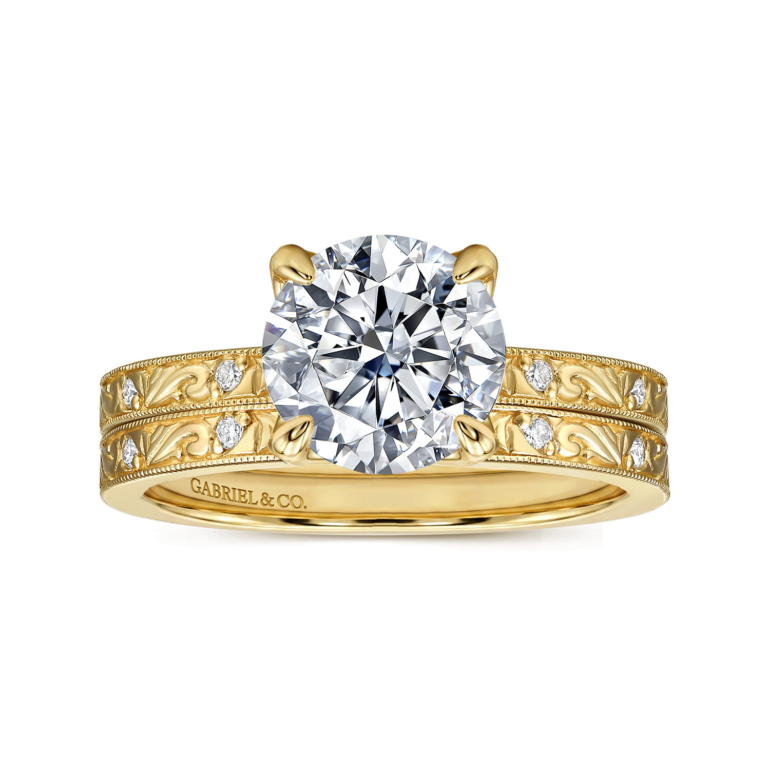 Round Vintage Inspired Diamond Engagement Ring in 14K Yellow Gold, photograph 4