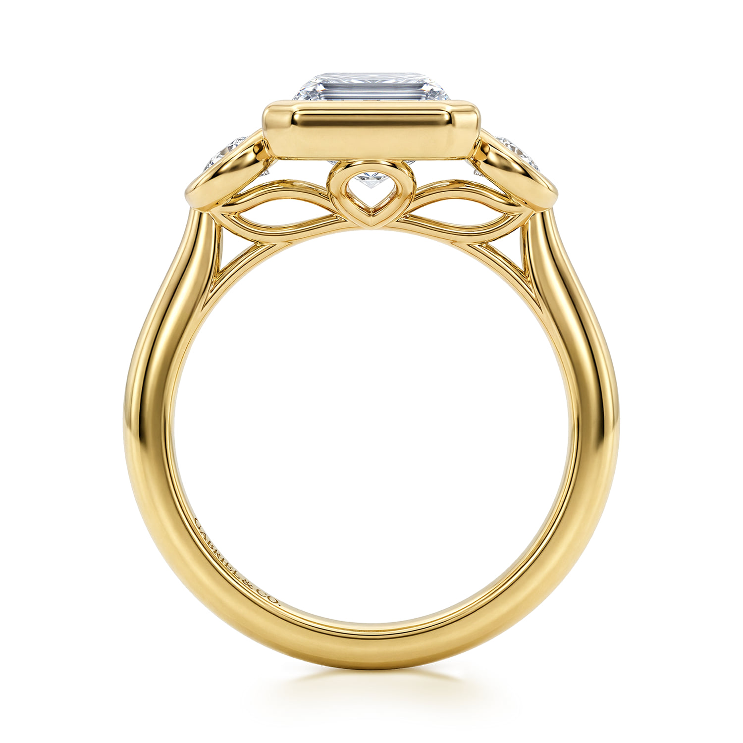 Emerald Three Stone Diamond Engagement Ring in 14K Yellow Gold, photograph 2