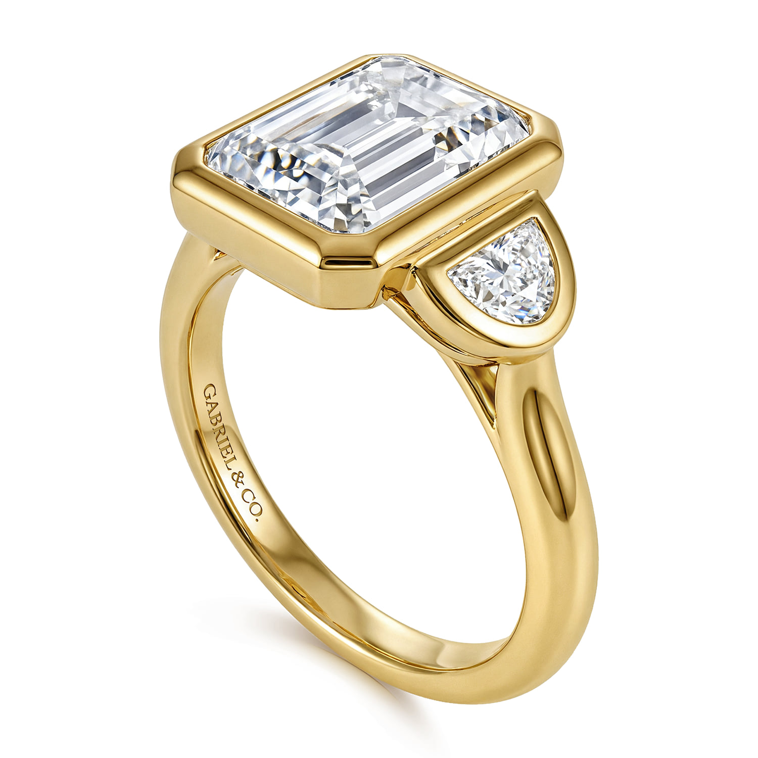 Emerald Three Stone Diamond Engagement Ring in 14K Yellow Gold, photograph 3