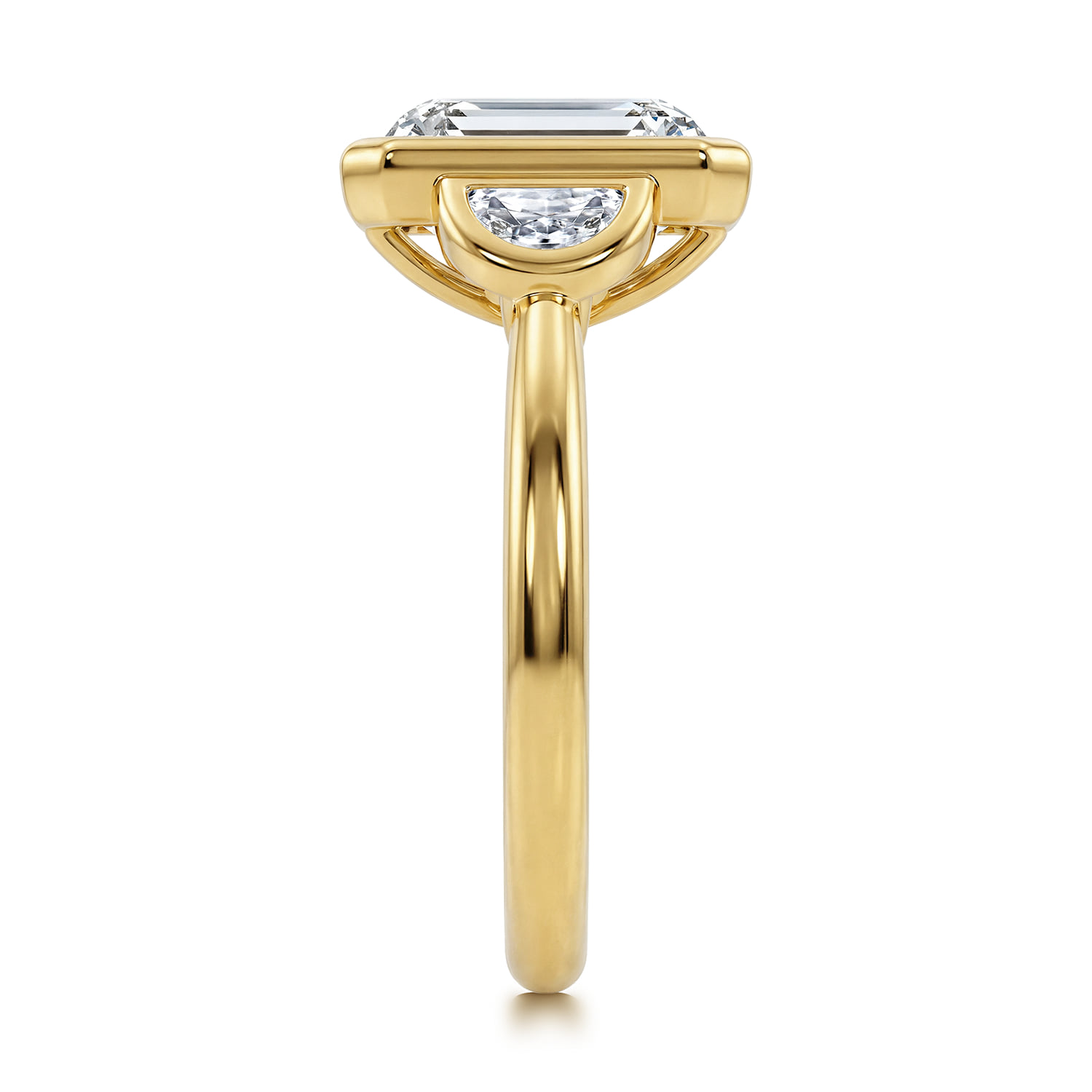 Emerald Three Stone Diamond Engagement Ring in 14K Yellow Gold, photograph 5