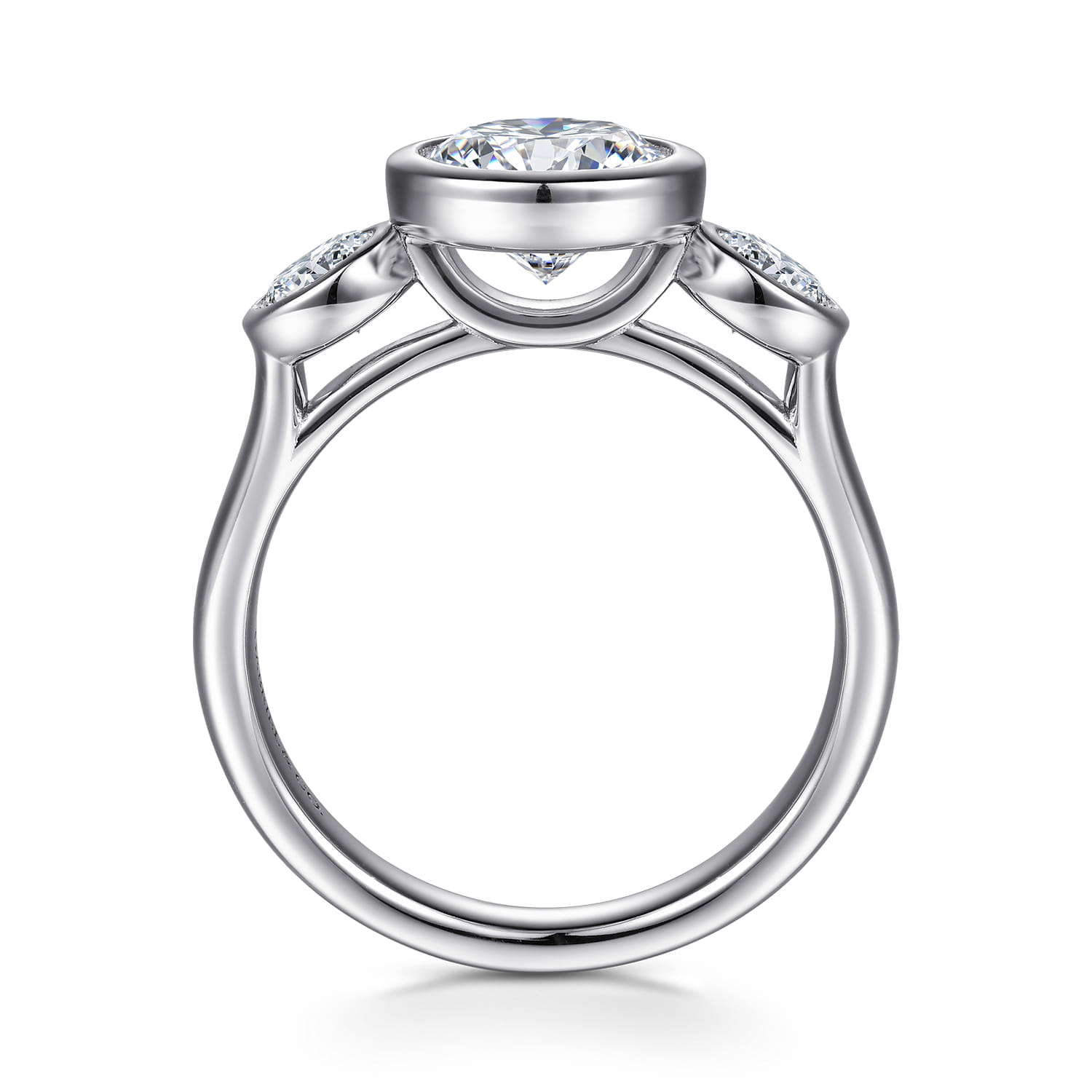 Round Three Stone Diamond Engagement Ring in 14K White Gold, photograph 2