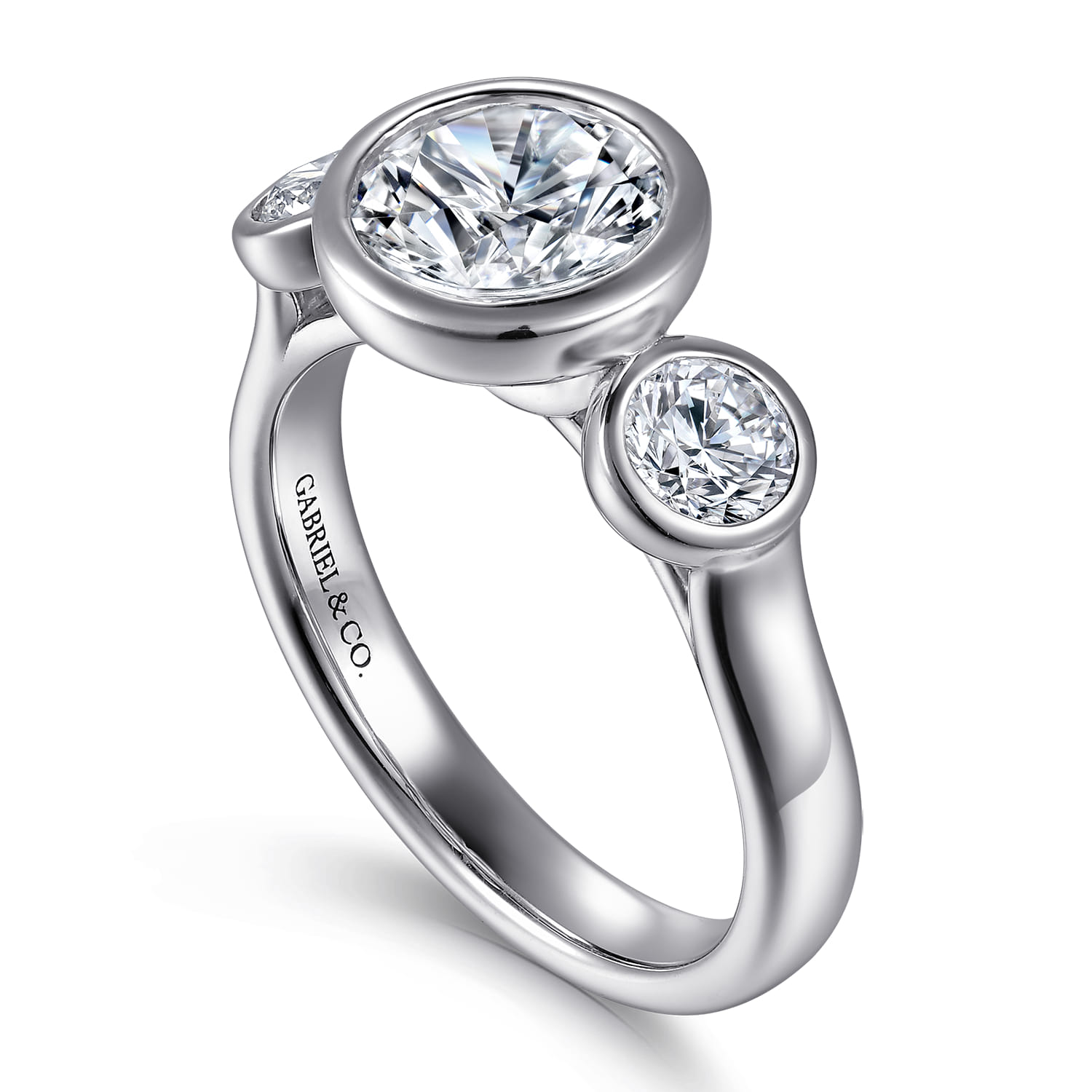 Round Three Stone Diamond Engagement Ring in 14K White Gold, photograph 3