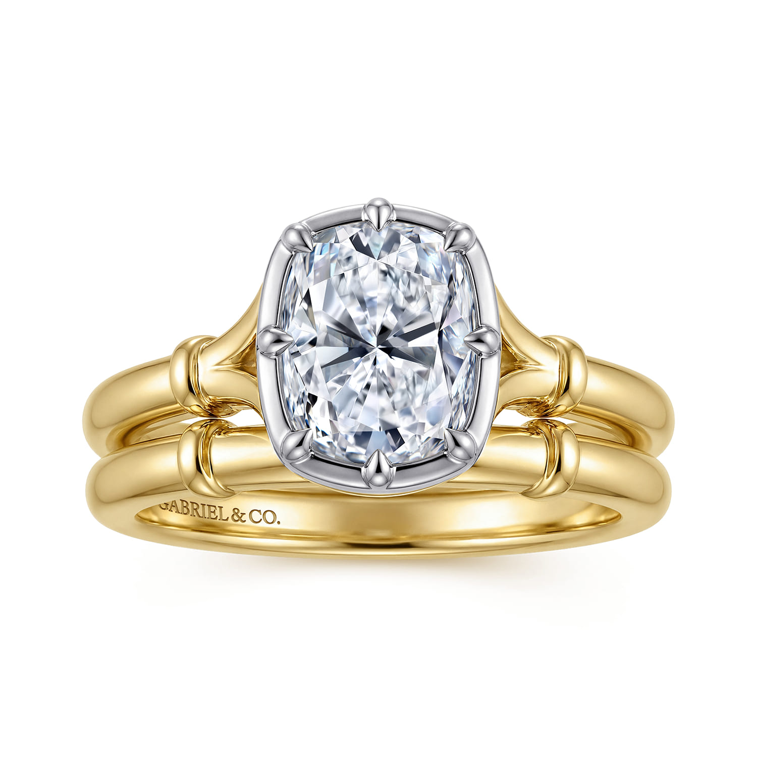 Elongated Cushion Solitaire Diamond Engagement Ring in 14K White/Yellow Gold, photograph 4