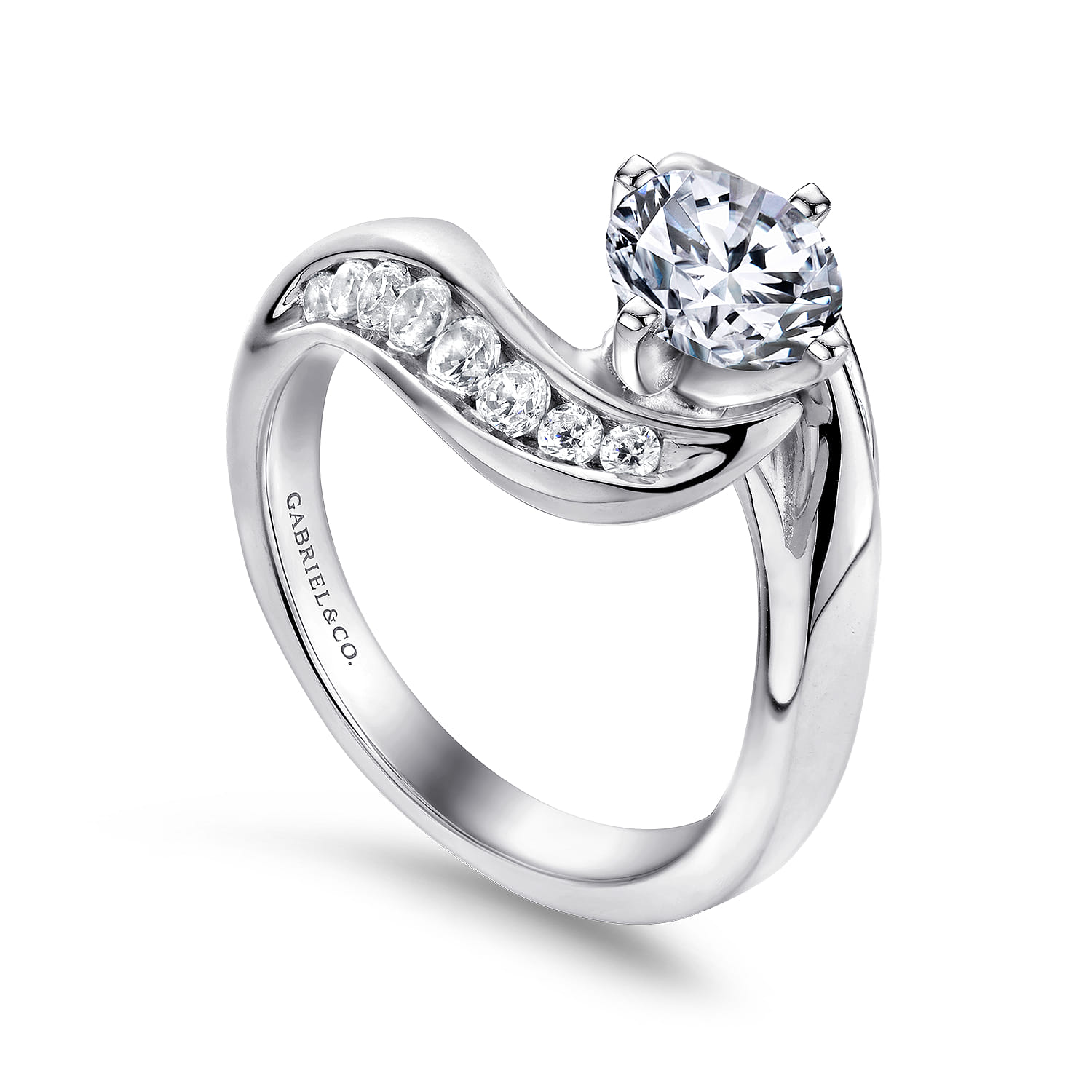 Round Bypass Diamond Channel Set Engagement Ring in 14K White Gold, photograph 3