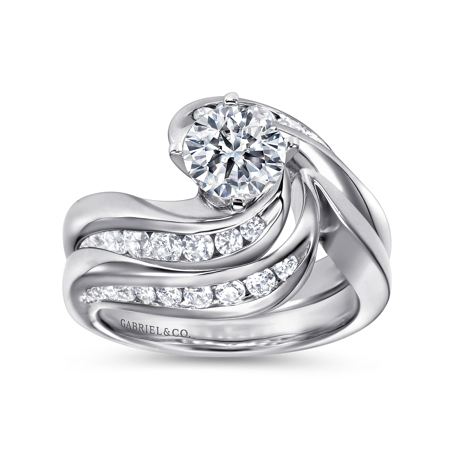 Round Bypass Diamond Channel Set Engagement Ring in 14K White Gold, photograph 4