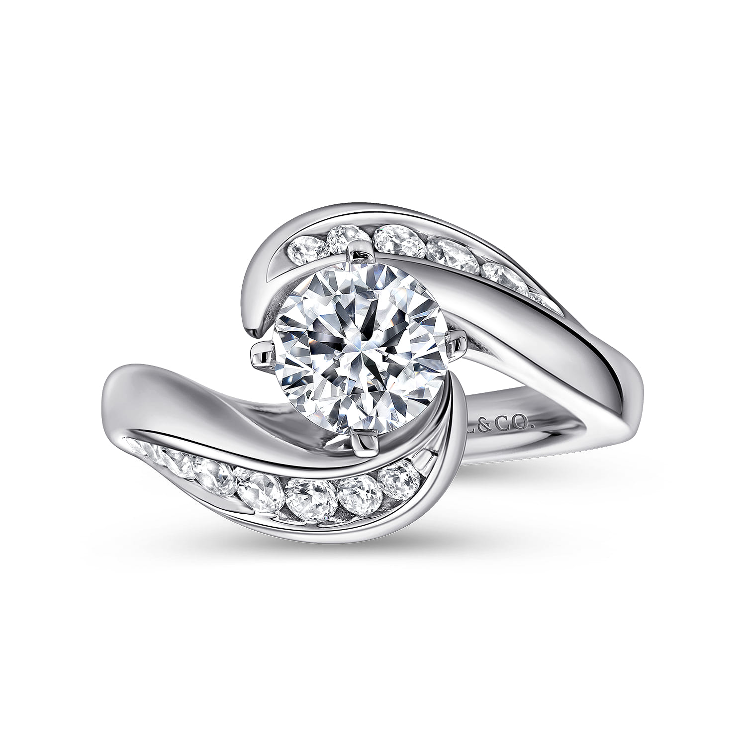 Round Bypass Diamond Channel Set Engagement Ring in 14K White Gold, photograph 5