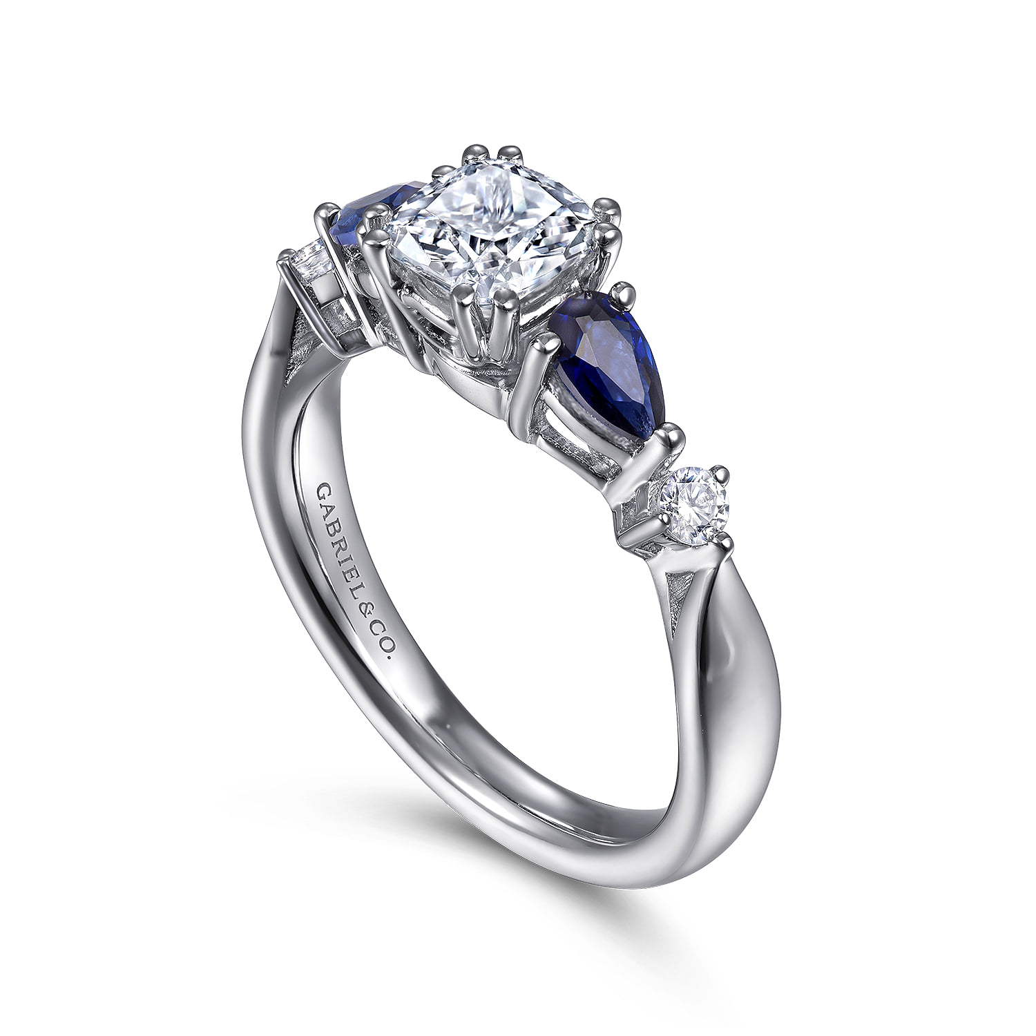 Cushion Round Five Stone Sapphire and Diamond Engagement Ring in Platinum, photograph 3