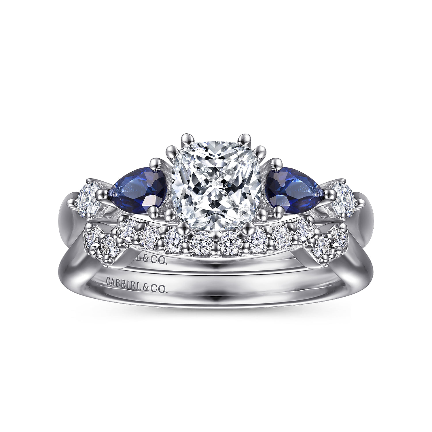Cushion Round Five Stone Sapphire and Diamond Engagement Ring in Platinum, photograph 4