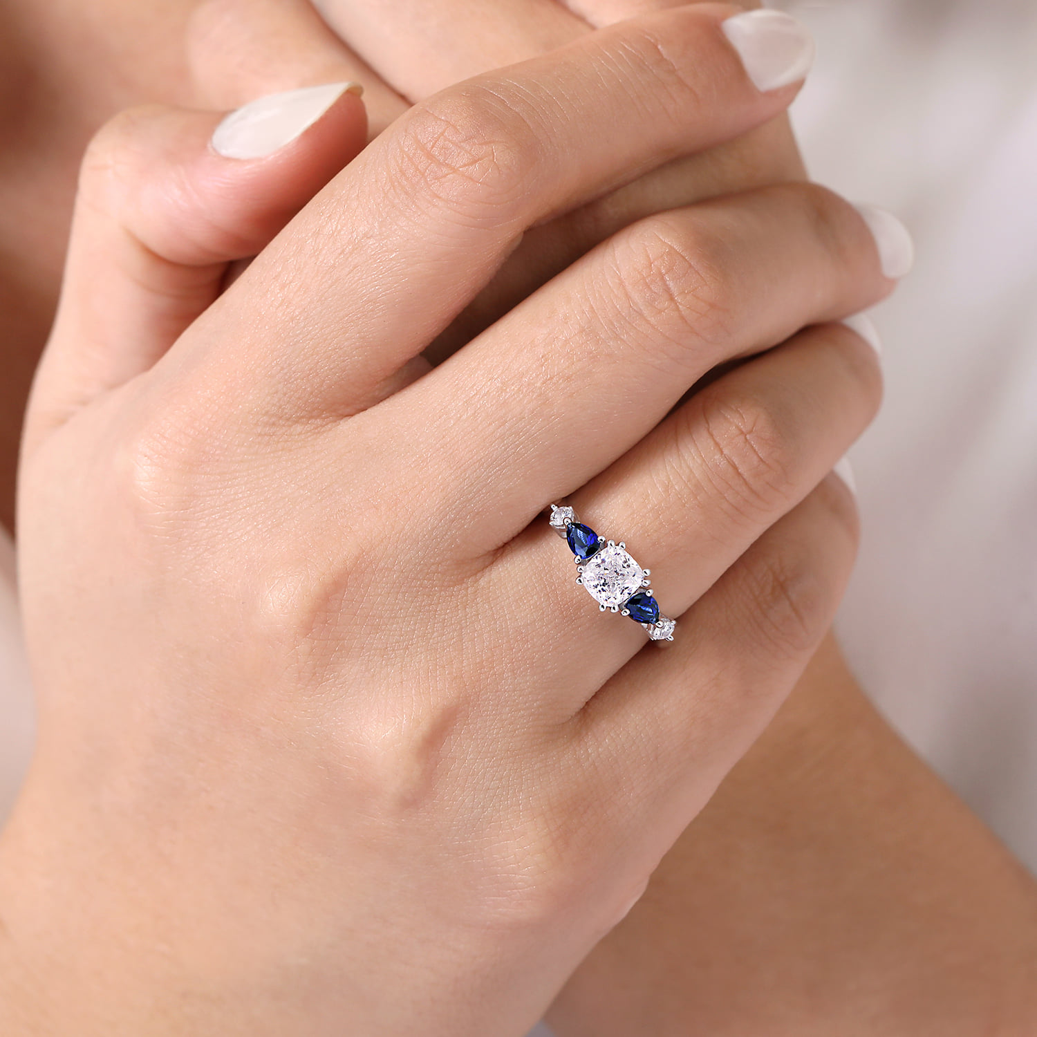 Cushion Round Five Stone Sapphire and Diamond Engagement Ring in Platinum, photograph 6