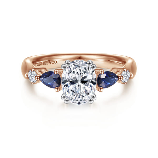 14K White-Rose Gold Oval Five Stone Sapphire and Diamond Engagement Ring