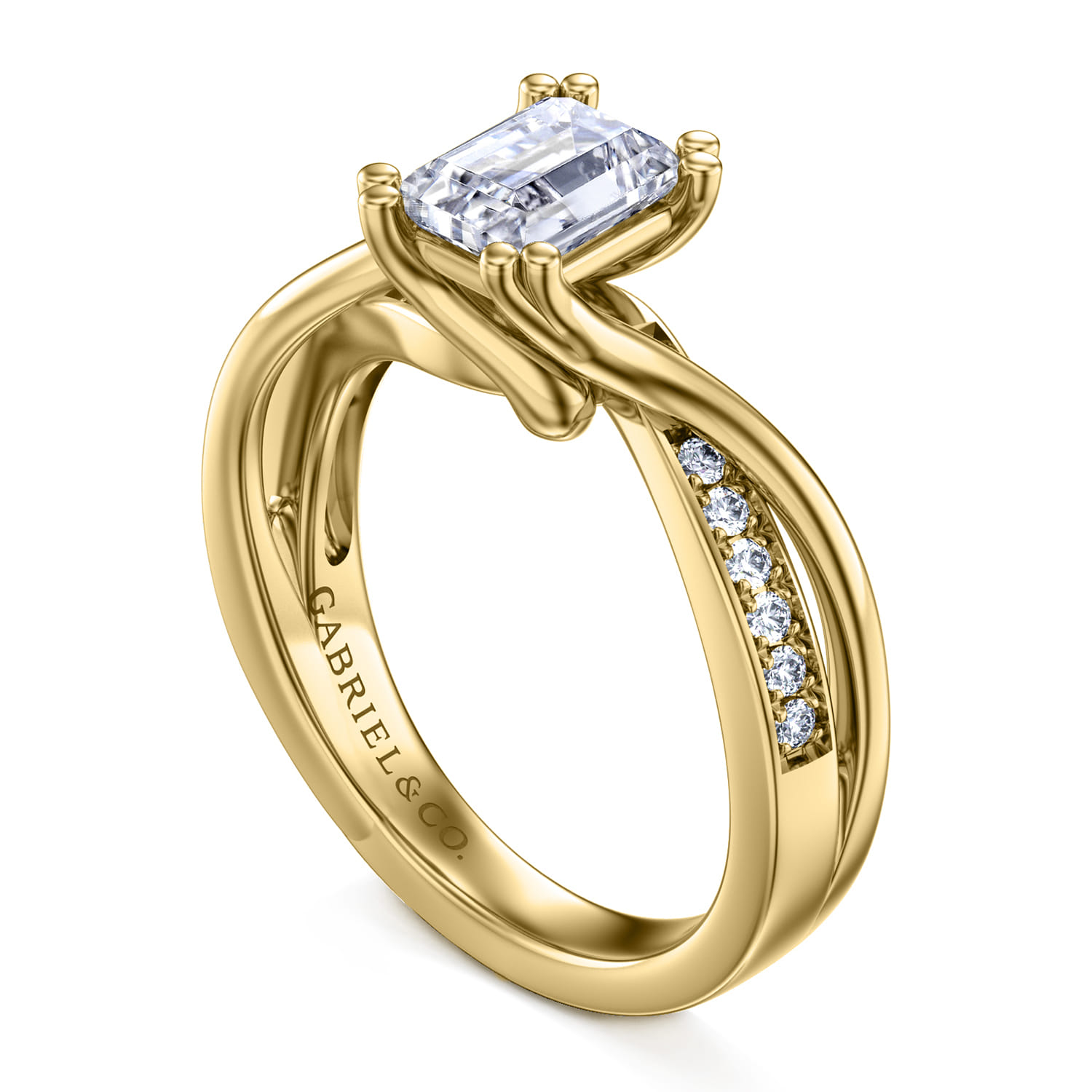 Emerald Twisted Diamond Engagement Ring in 14K Yellow Gold, photograph 3