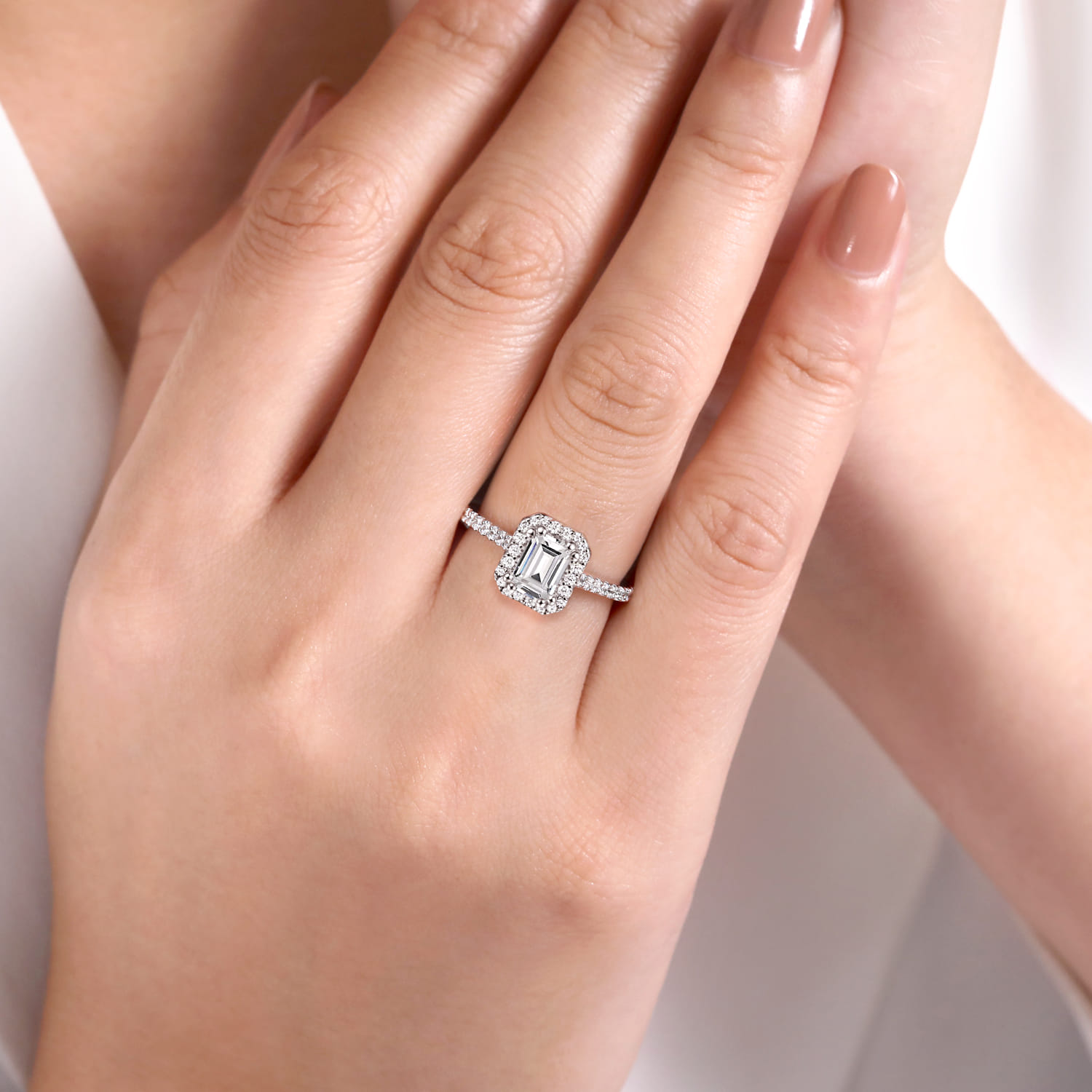 Emerald Halo Diamond Engagement Ring in 14K White Gold, photograph 6