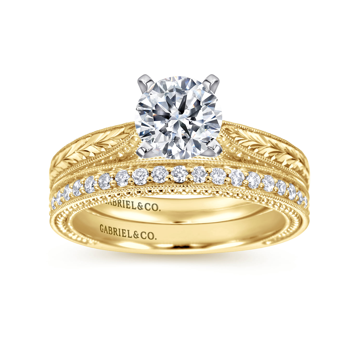 Round Vintage Inspired Solitaire Engagement Ring in 14K White/Yellow Gold, photograph 4