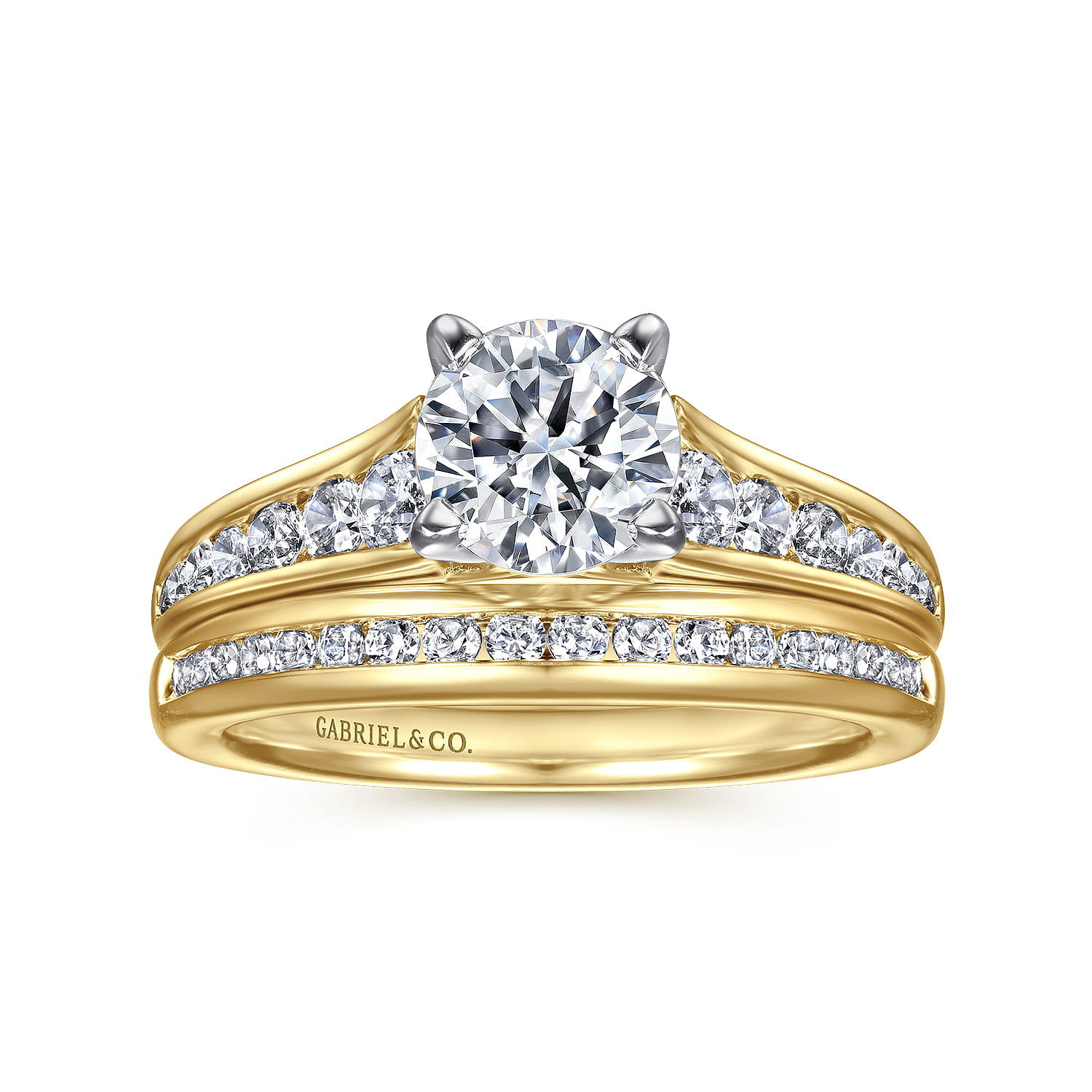 Round Diamond Channel Set Engagement Ring in 14K White/Yellow Gold, photograph 4