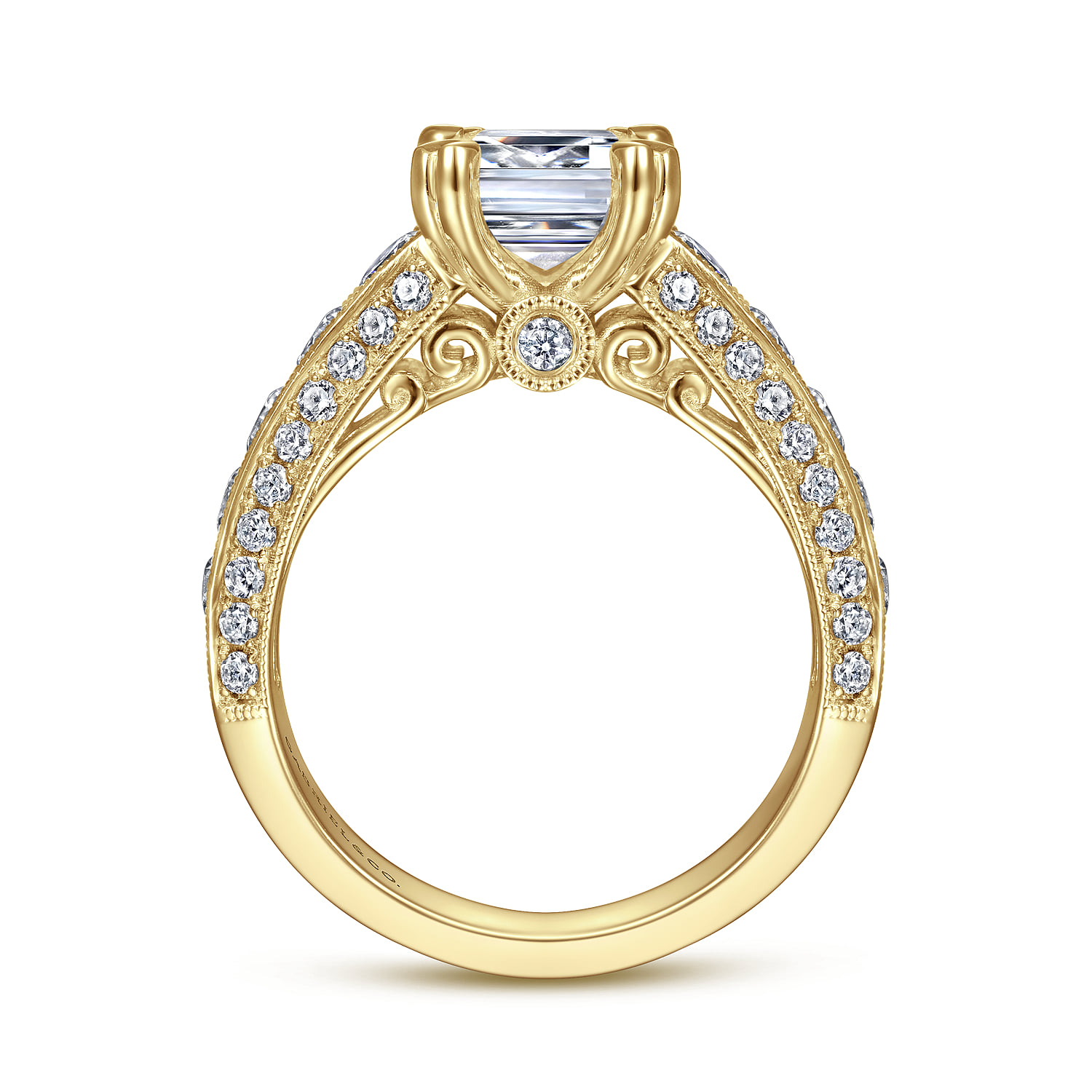 Emerald Vintage Inspired Wide Band Diamond Channel Set Engagement Ring in 14K Yellow Gold, photograph 2