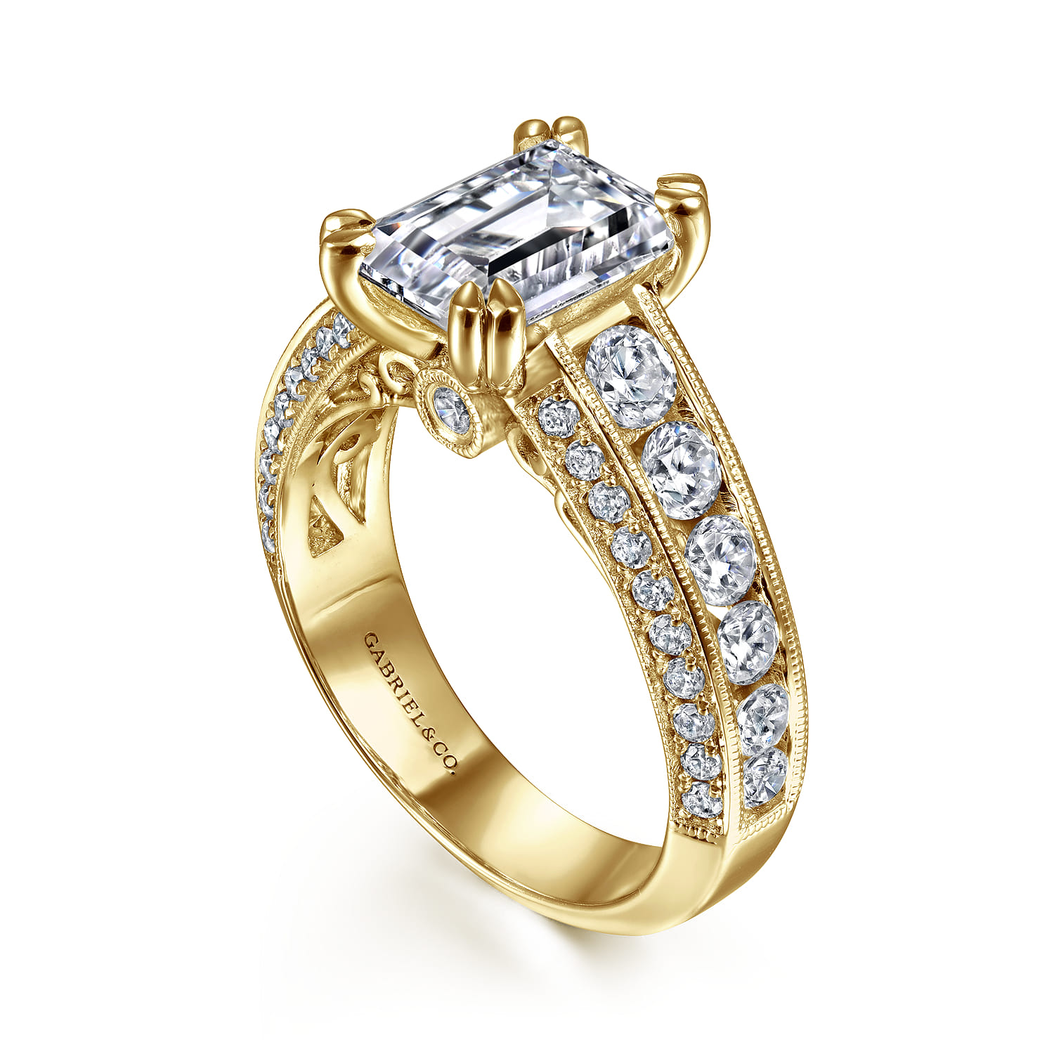 Emerald Vintage Inspired Wide Band Diamond Channel Set Engagement Ring in 14K Yellow Gold, photograph 3