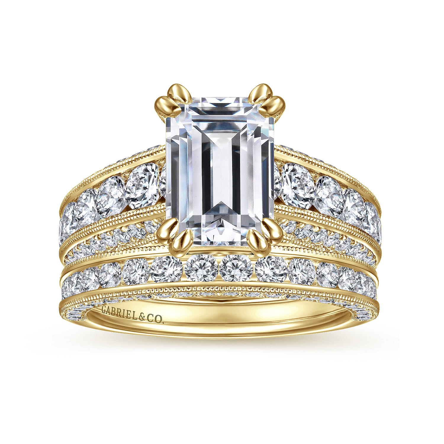 Emerald Vintage Inspired Wide Band Diamond Channel Set Engagement Ring in 14K Yellow Gold, photograph 4