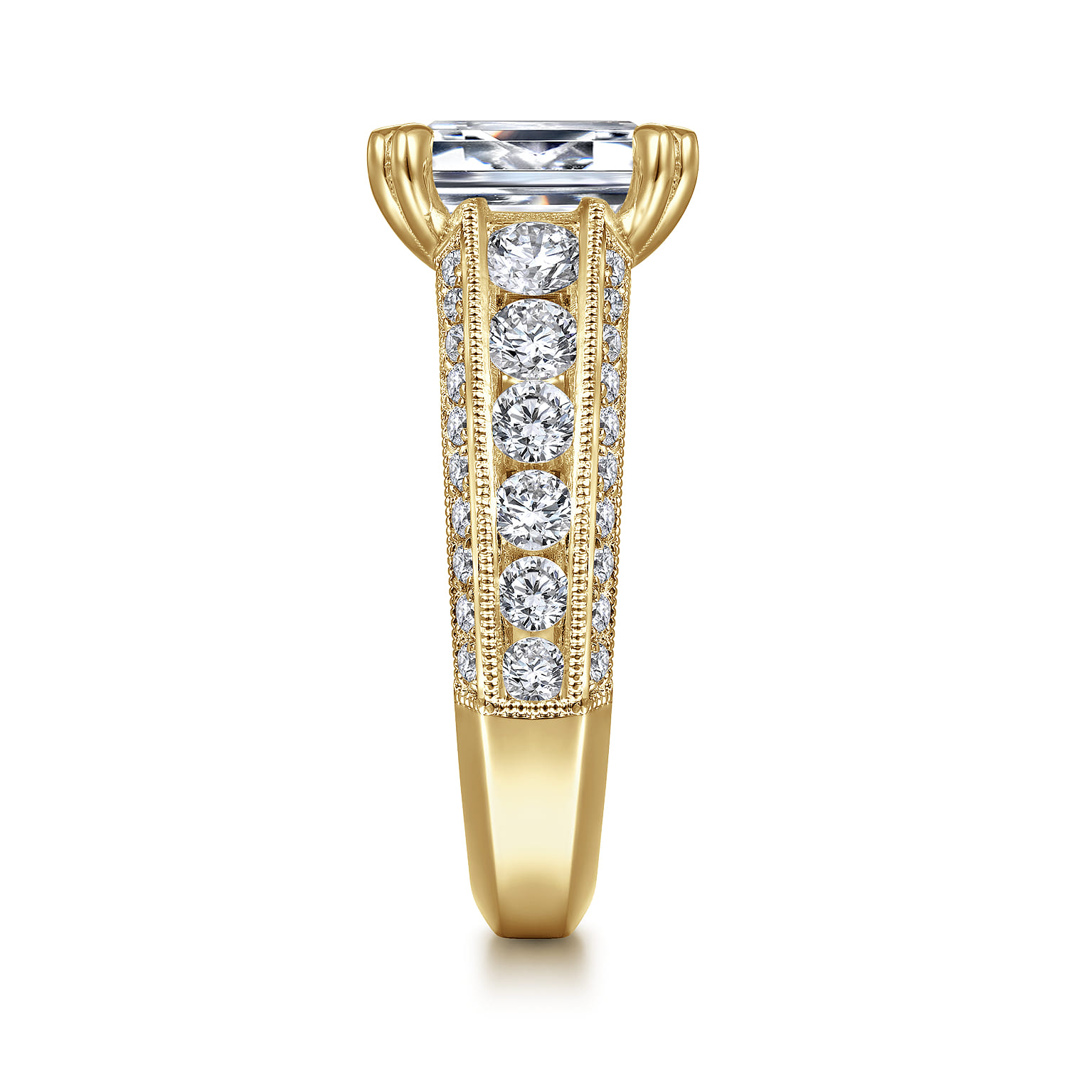 Emerald Vintage Inspired Wide Band Diamond Channel Set Engagement Ring in 14K Yellow Gold, photograph 5