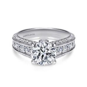 Rebecca - Platinum Vintage Inspired Round Wide Band Diamond Channel Set Engagement Ring