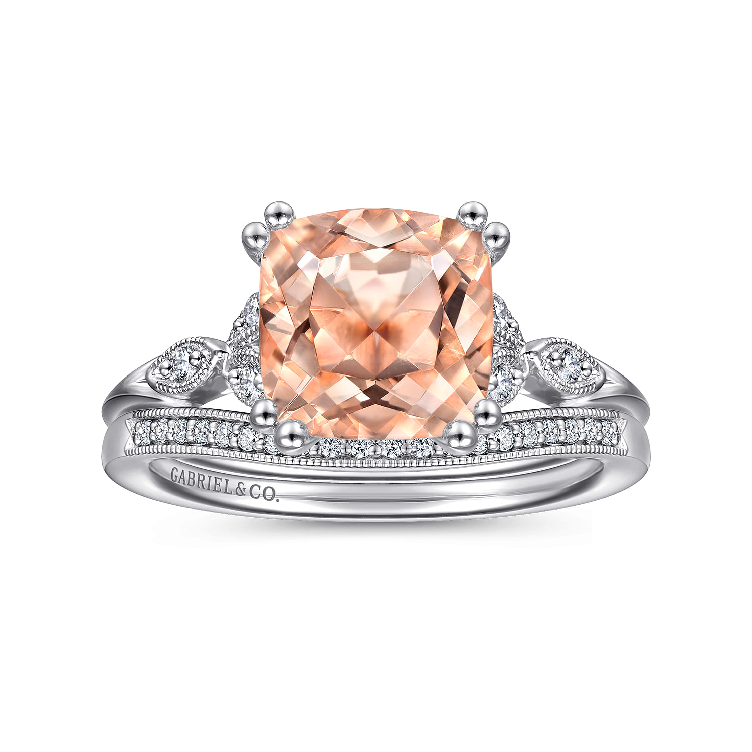 Vintage Inspired Cushion Cut Morganite and Diamond Engagement Ring in 14K White Gold, photograph 4