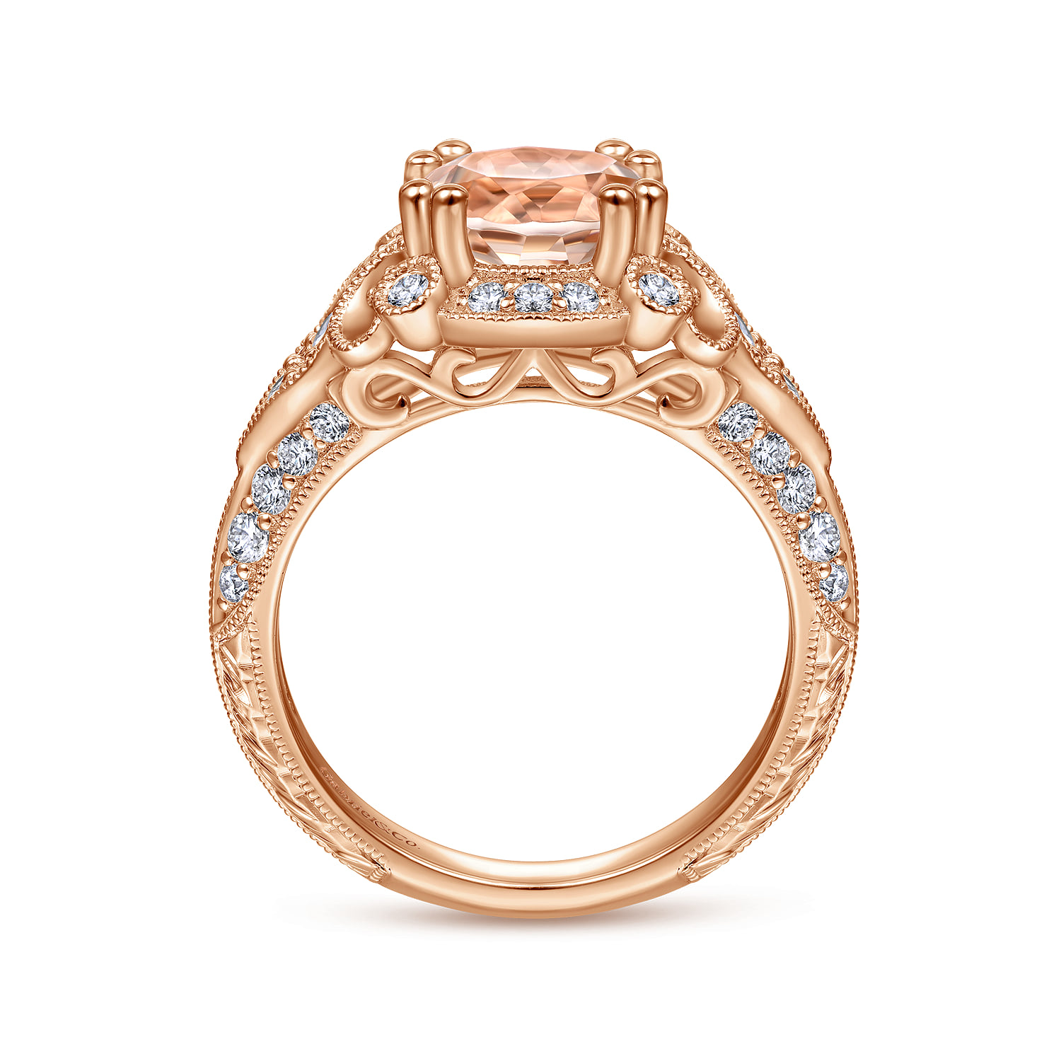 Vintage Inspired Round Halo Morganite and Diamond Engagement Ring in 14K Rose Gold, photograph 2