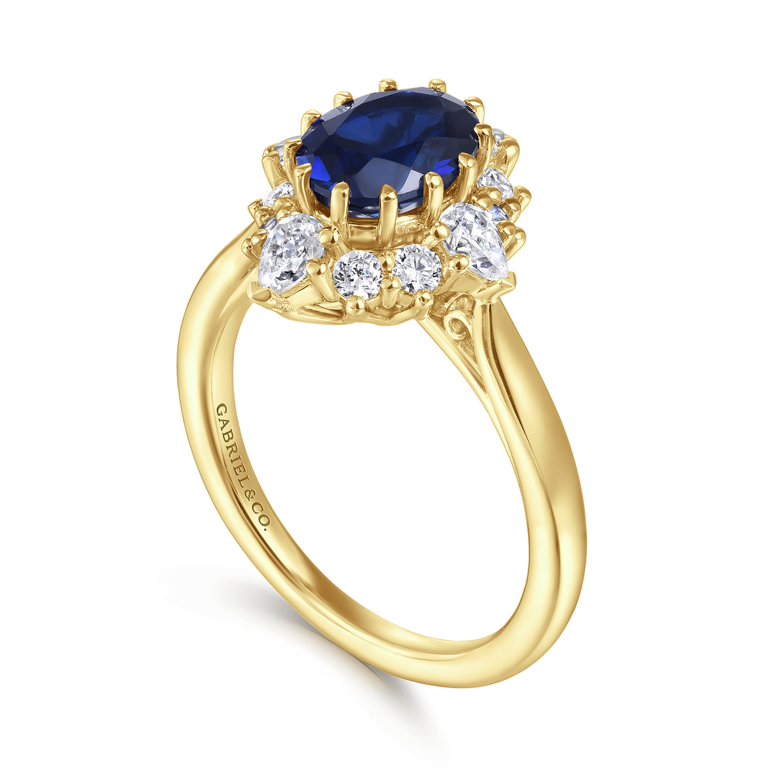 Oval Halo Sapphire and Diamond Engagement Ring in 14K Yellow Gold, photograph 3