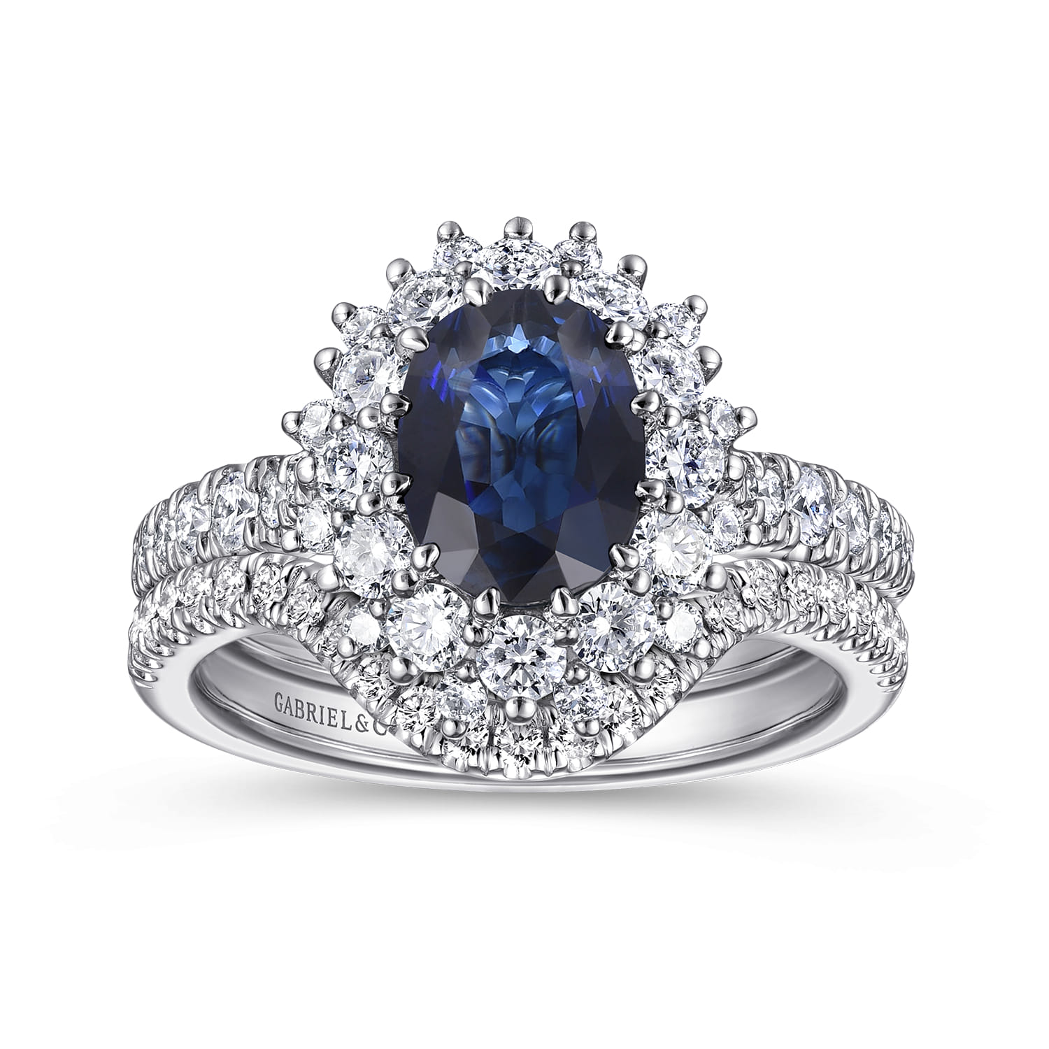 Oval Halo Sapphire and Diamond Engagement Ring in 14K White Gold, photograph 4