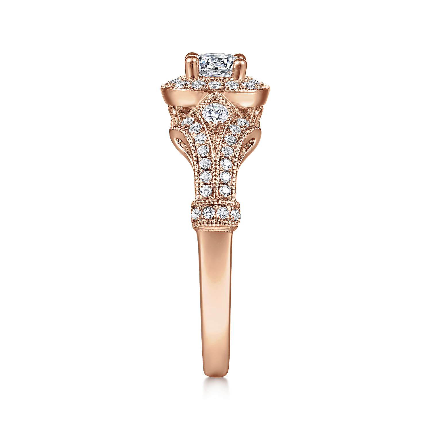 Round Vintage Inspired Halo Complete Diamond Engagement Ring in 14K Rose Gold, photograph 5
