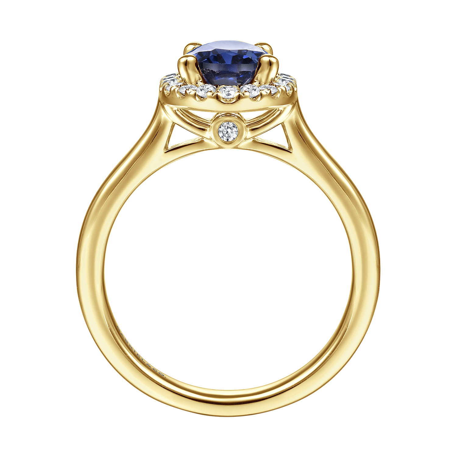 Oval Halo Sapphire and Diamond Engagement Ring in 14K Yellow Gold, photograph 2
