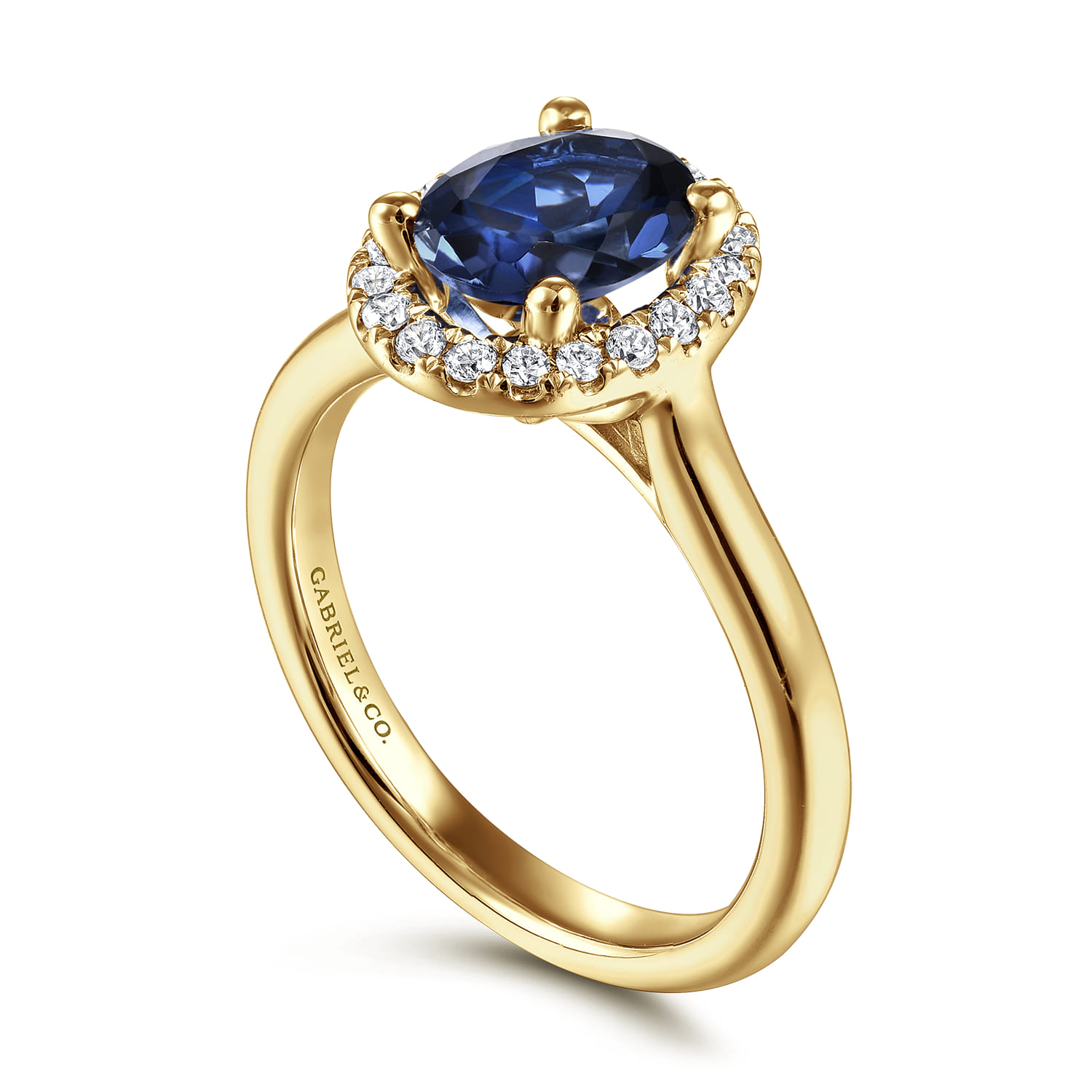 Oval Halo Sapphire and Diamond Engagement Ring in 14K Yellow Gold, photograph 3