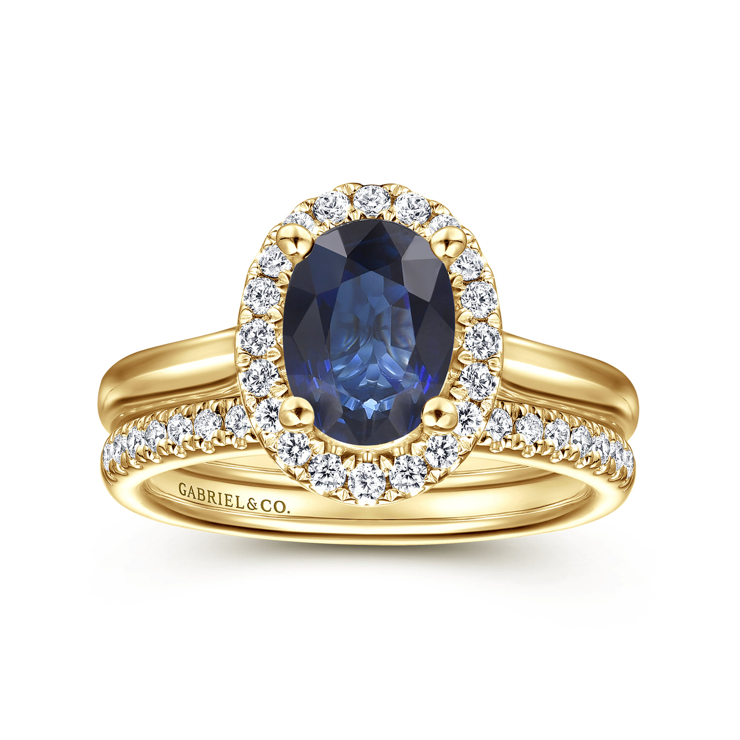 Oval Halo Sapphire and Diamond Engagement Ring in 14K Yellow Gold, photograph 4