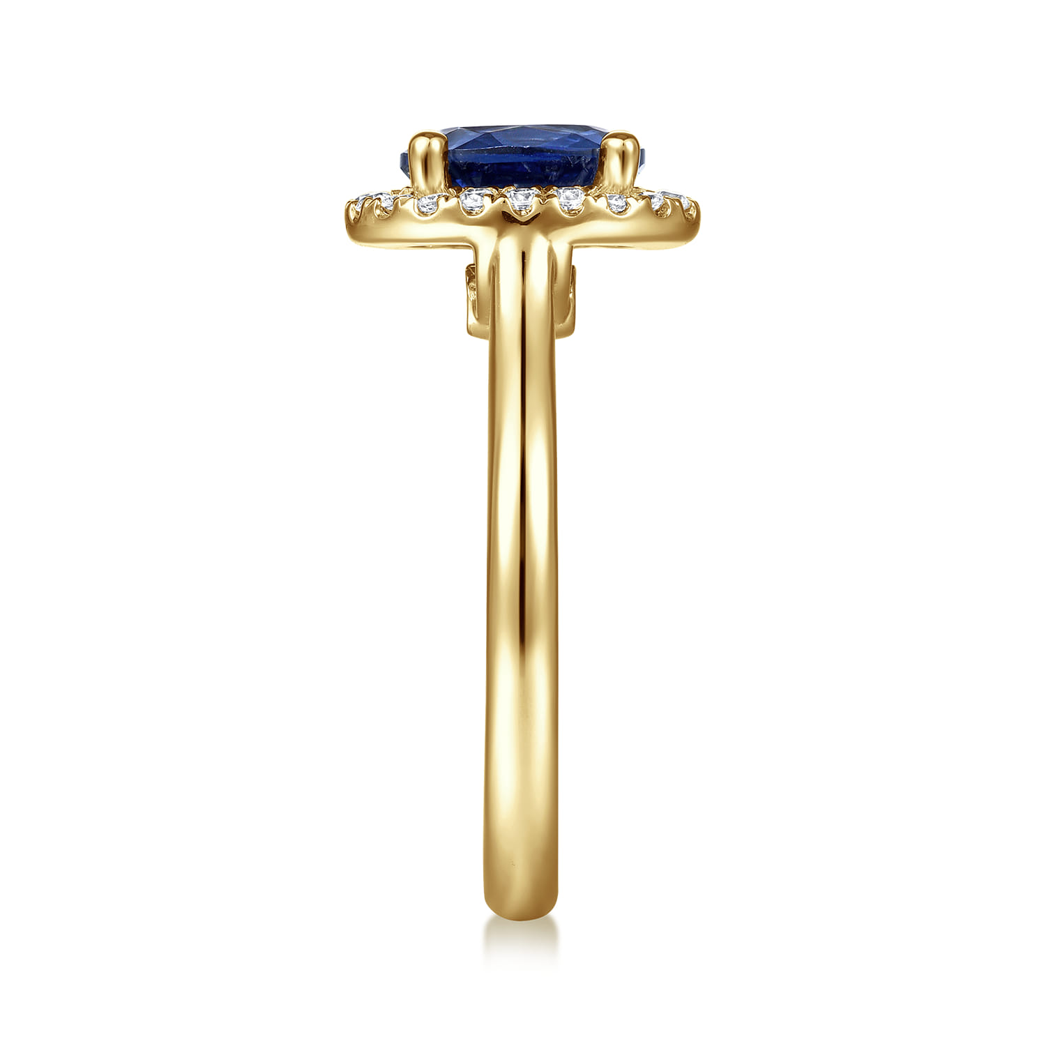 Oval Halo Sapphire and Diamond Engagement Ring in 14K Yellow Gold, photograph 5