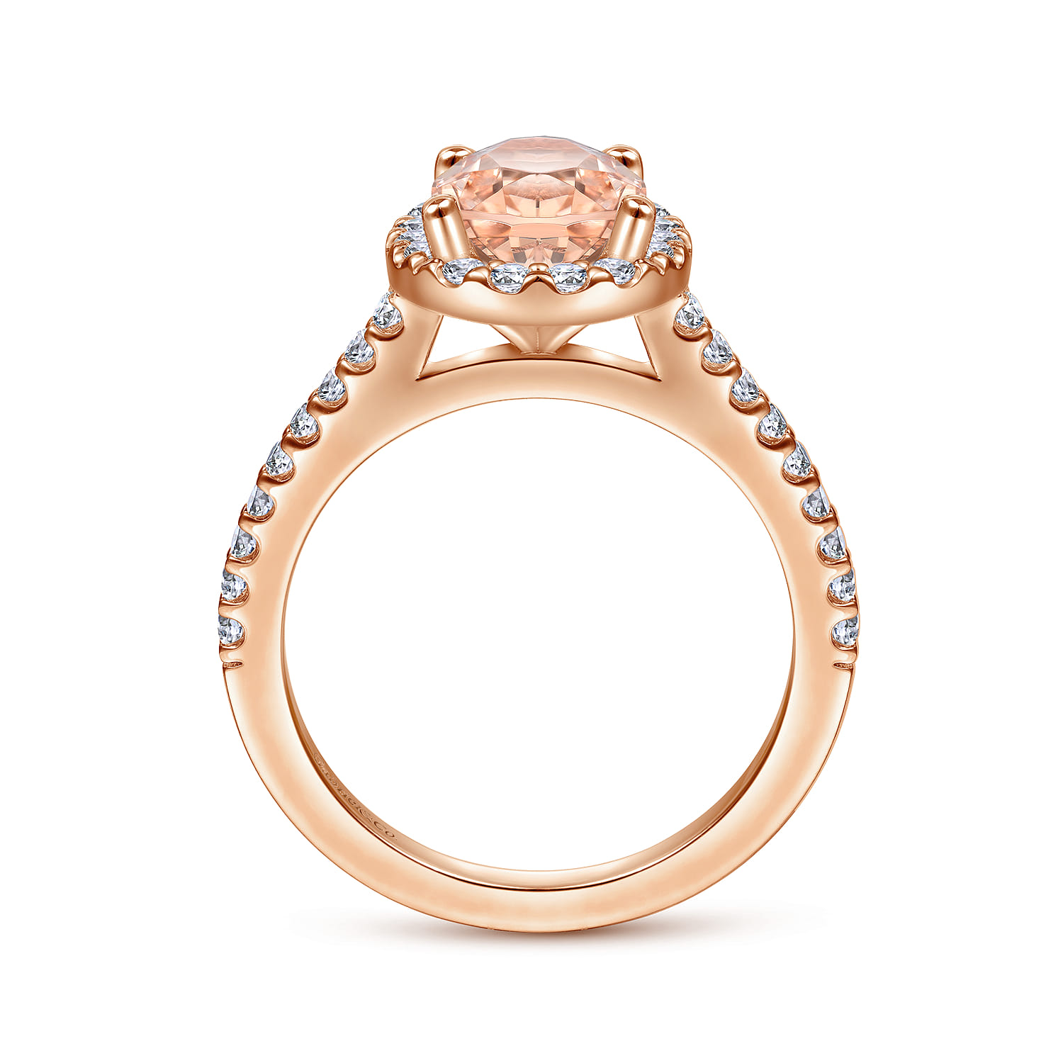 Oval Morganite and Diamond Halo Engagement Ring in 14K Rose Gold, photograph 2