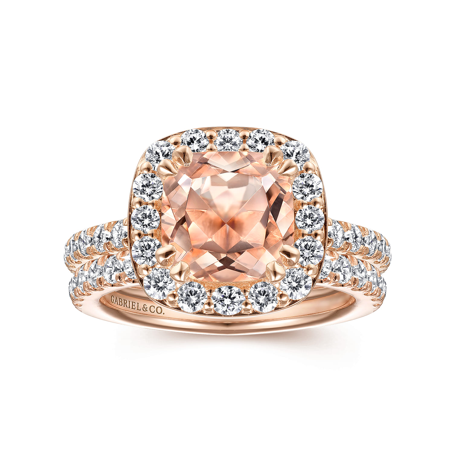 Cushion Morganite and Diamond Halo Engagement Ring in 14K Rose Gold, photograph 4