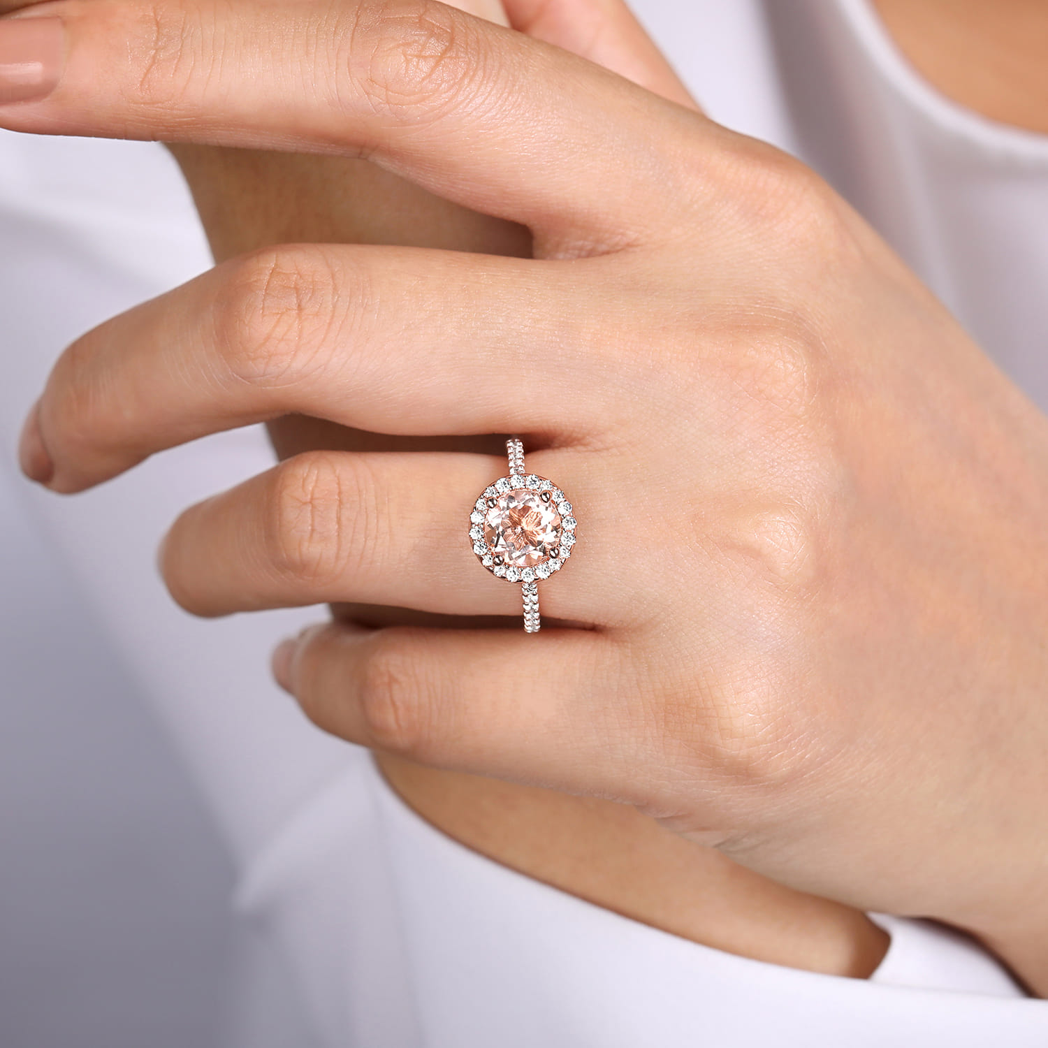 Morganite and Diamond Halo Engagement Ring in 14K Rose Gold, photograph 6